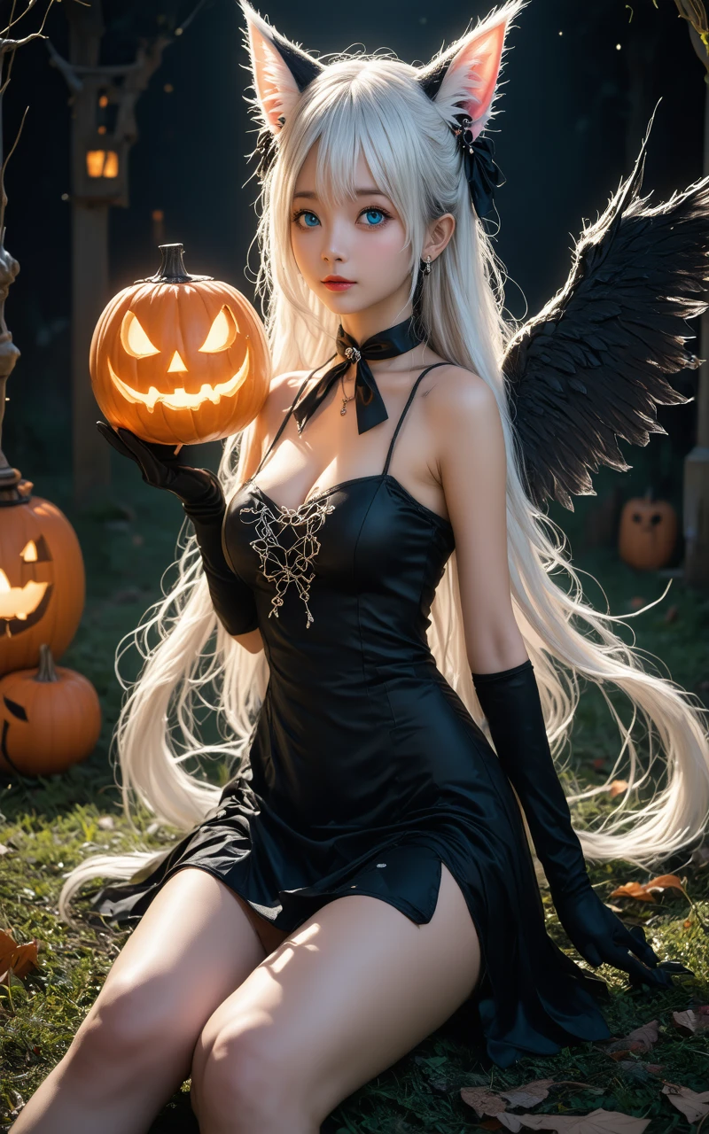 AiARTiST, 1girl,solo,thighhighs,animal ears,sitting,gloves,dress,wings,black dress,black thighhighs,cat ears,jack-o'-lantern,twintails,looking at viewer,long hair,lantern,white hair,elbow gloves,halloween,holding,blue eyes,lips,hair over one eye,realistic,dutch angle,lamp,choker,black bow,bow,breasts,
