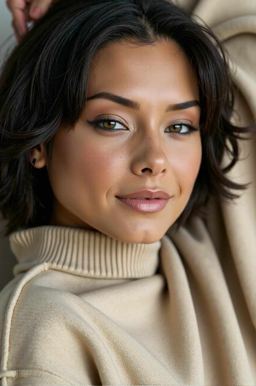 professional photography, close-up of 20yo woman wearing a wool sweatshirt for the cover photo of a fashion magazine, intricate details, simple background, depth of field<lora:Pixie_Flux_Rapid:1.1>