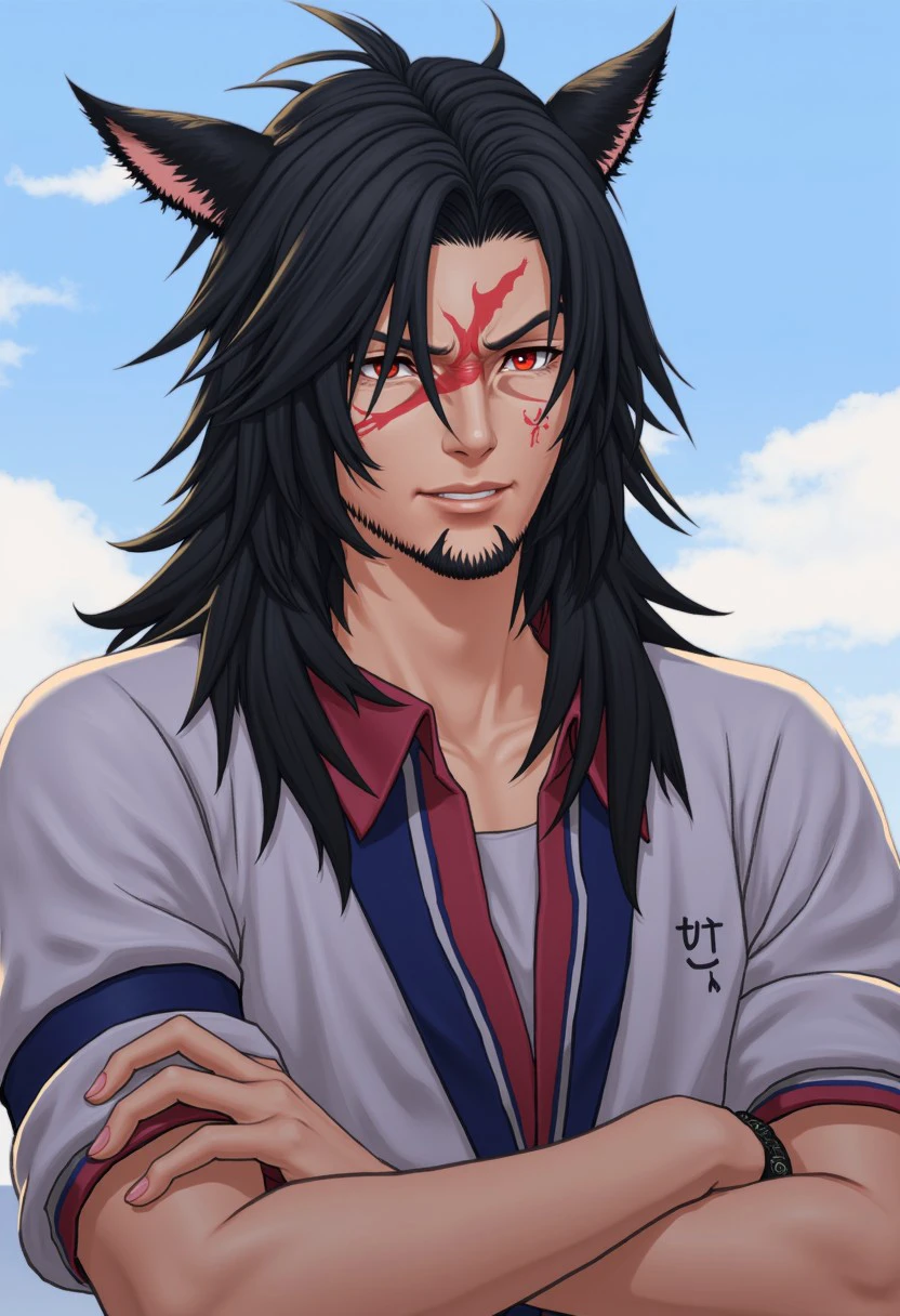 f4c32-miq0, 1boy, male focus, solo, solo focus, miqo'te, animal ears, scar, cat ears, red eyes, facial hair, crossed arms, long hair, facial mark, scar across eye, dark skin, scar on face, day, black hair, earrings, outdoors, sky, solo focus, jewelry, beard,  cinematic lighting, cinematic angle