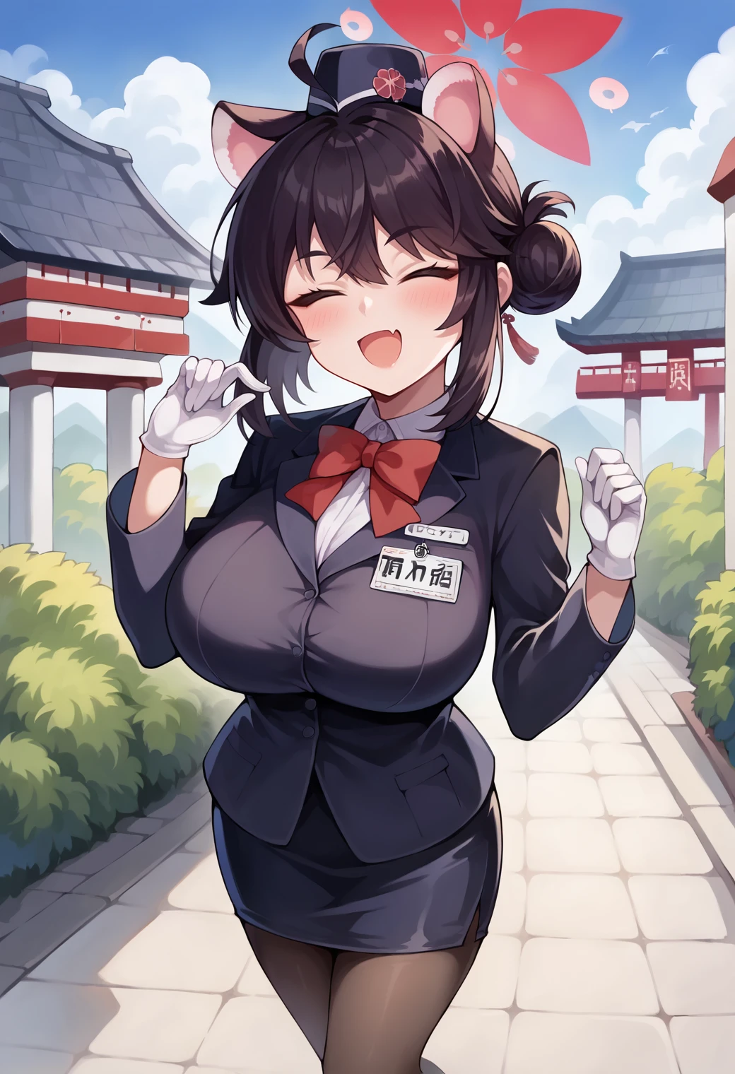 score_9, score_7_up, hd, (ultra hd quality details), source_anime, outdoors, temple gate,
solo, 1girl, bakkaede, black hair, halo, animal ears, single hair bun, ahoge, large breasts, skin fang,
kaedegui, garrison cap, black jacket, red bowtie, long sleeves, white gloves, name tag, pencil skirt, formal, pantyhose,
looking at viewer, blush, closed eyes, smile, open mouth,
from above, standing, hand up,
<lora:_kaede_ba-elesico-ponyB:1>