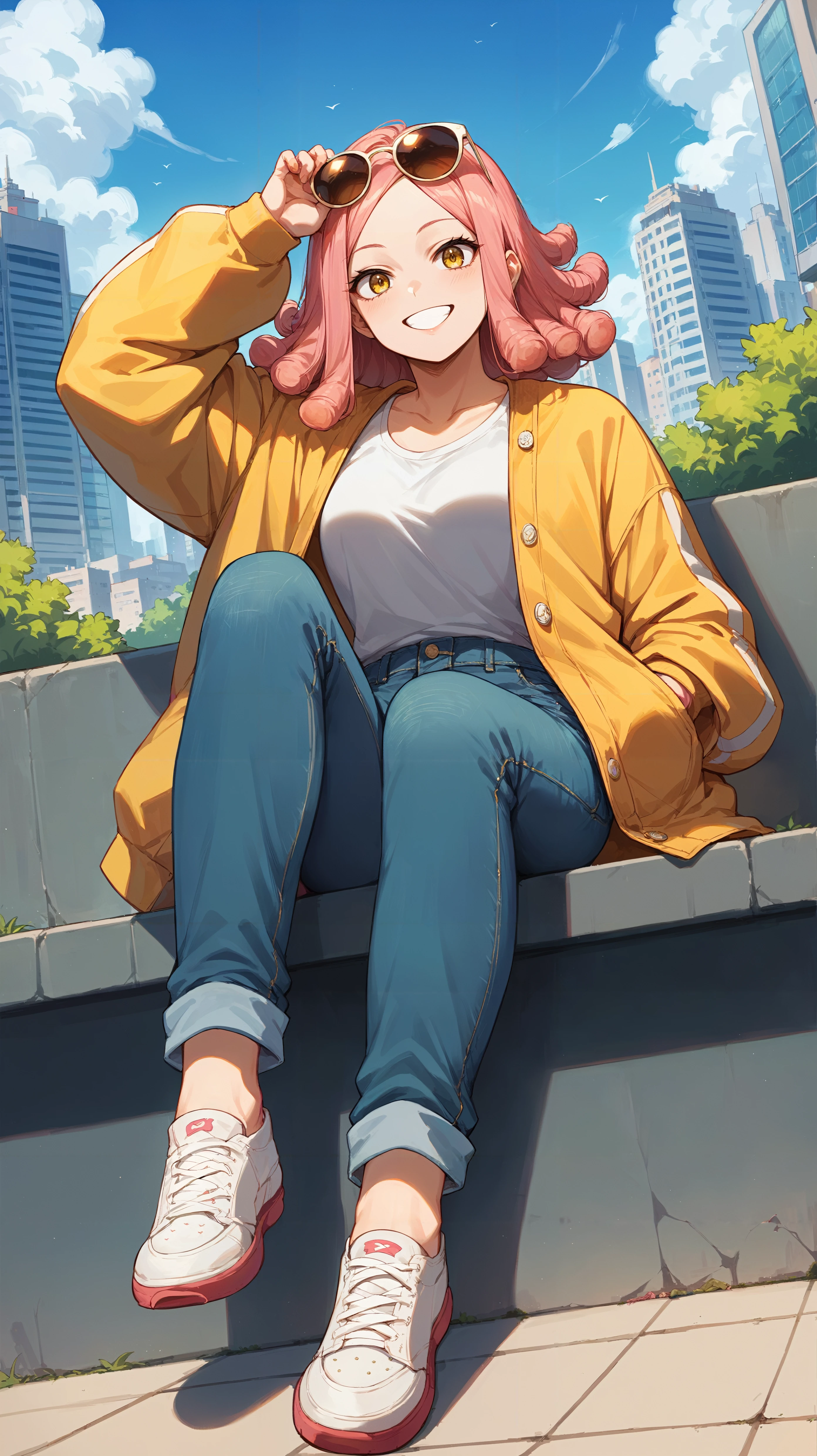 score_9,score_8_up,score_7_up,score_6_up, <lora:xl_more_art-full_v1:0.5>, source_anime, girl, dynamic pose, sunbathing, <lora:Mei Hatsume - Pony-000004:0.8>, pink hair, medium hair, round hair, yellow eyes, sunglasses, sunglasses on head, oversized jacket, jeans, city, plaza, happy, smile,