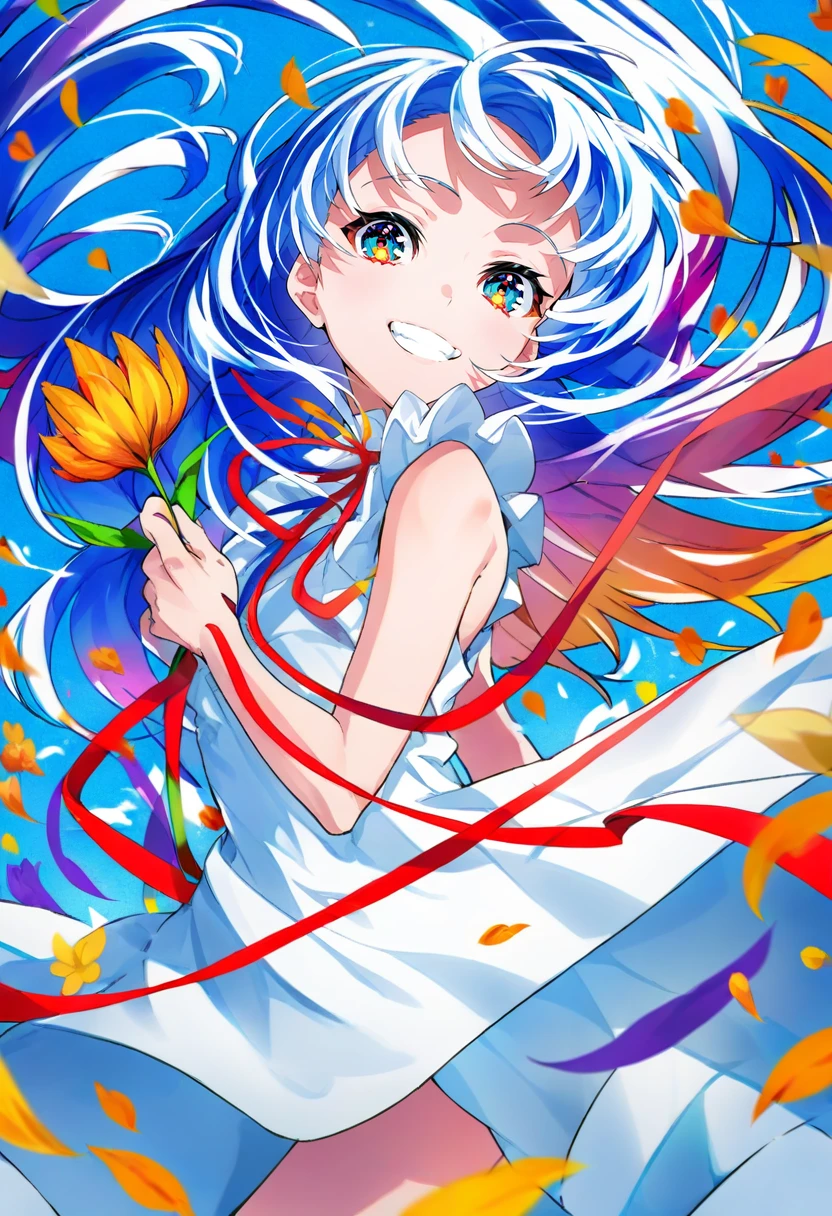 score_9, score_8_up, score_7_up, score_6_up, <lora:MikaPikaZoXL_Js2_lokr_V42310:0.95> 1girl, solo, dress, long hair, flower, smile, open mouth, white dress, blue hair, barefoot, white flower, sleeveless, sleeveless dress, looking at viewer, picture frame, outstretched arms, floating hair, :d, ribbon, foot out of frame, blue flower, teeth, red flower, bare arms, bare legs, upper teeth only, neck ribbon, yellow eyes, armpits, red ribbon, very long hair