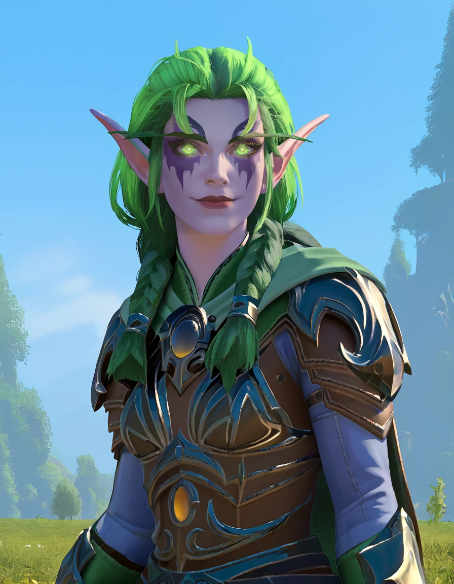 score_9, score_8_up, source_cartoon, 2d, cowboy shot,
Asrai, pointy ears, armor,
looking at viewer, smile,
 <lora:Asrai_PonyXL:0.9> 
green hair, night elf, purple skin, glowing eyes,
<lora:TNDBfaTyrandewhisperwind3216XL:0.7>