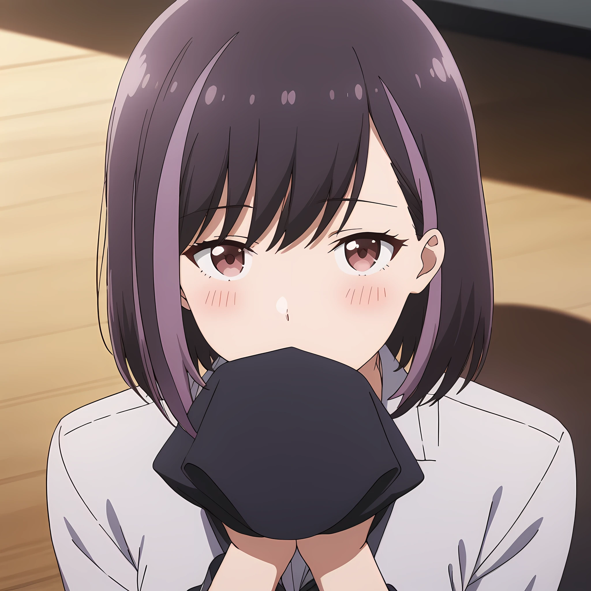 honjouji_rika, black hair, streaked hair, purple hair, brown eyes, short hair, bangs, upper body view, medium breast, looking at viewer, hands covering mouth, blush, <lora:XL-HonjoujiRika:1>, (masterpiece),(best quality),(ultra-detailed),(best illustration),(best shadow),(absurdres),(detailed background),(very aesthetic),
