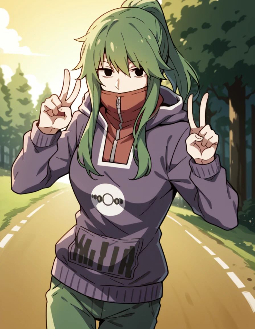 score_9, score_8_up, score_7_up, source_anime, <lora:tsubomi-kido-s1-ponyxl-lora-nochekaiser:1>, tsubomi kido, long hair, ponytail, green hair, black eyes, medium breasts,, hood, hoodie, purple hoodie, long sleeves, pants, green pants, kido tsubomi, bike ride, countryside, dirt road, trees, afternoon sun, peaceful, alone, smile, v, v over mouth, smug,, looking at viewer, solo,, dutch angle, cowboy shot