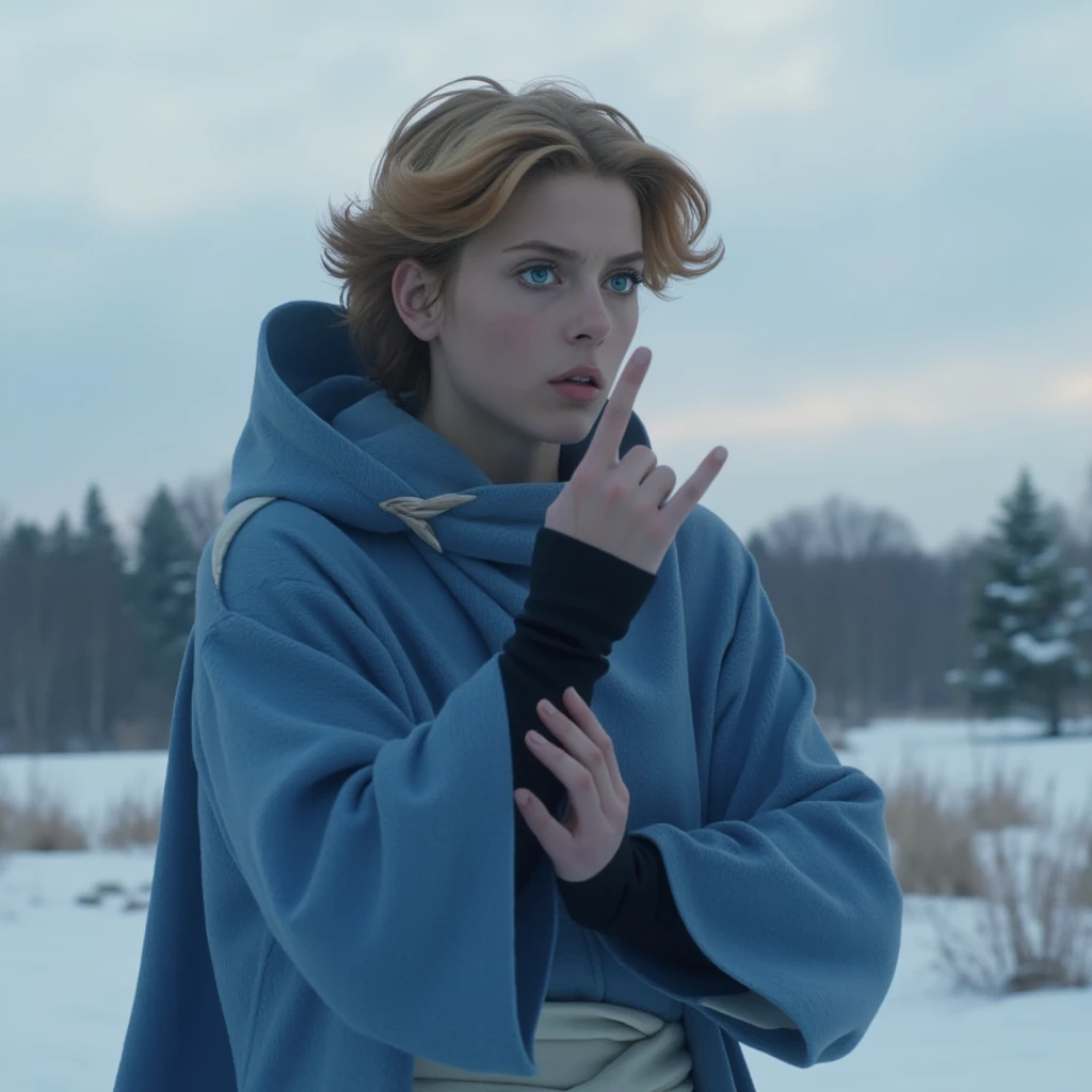 film scene from Denis Villeneuve. Cinematography.
a gorgeous 25 year old bombshell female Sypha Belnades, sypha,Sypha Belnades,orange hair,short hair,blue robe,morning, outside,gesturing,casting ice magic, casting ice spell,windy, off white waist wrap, action <lora:sypha_v5:1.1>