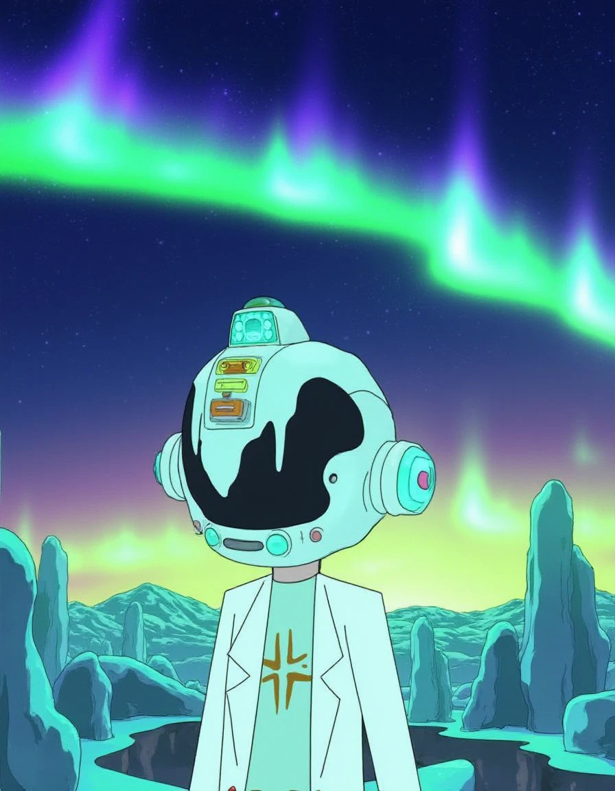 RickandMorty Style, a futuristic helmeted figure stands in a starry landscape with a vibrant aurora in the background