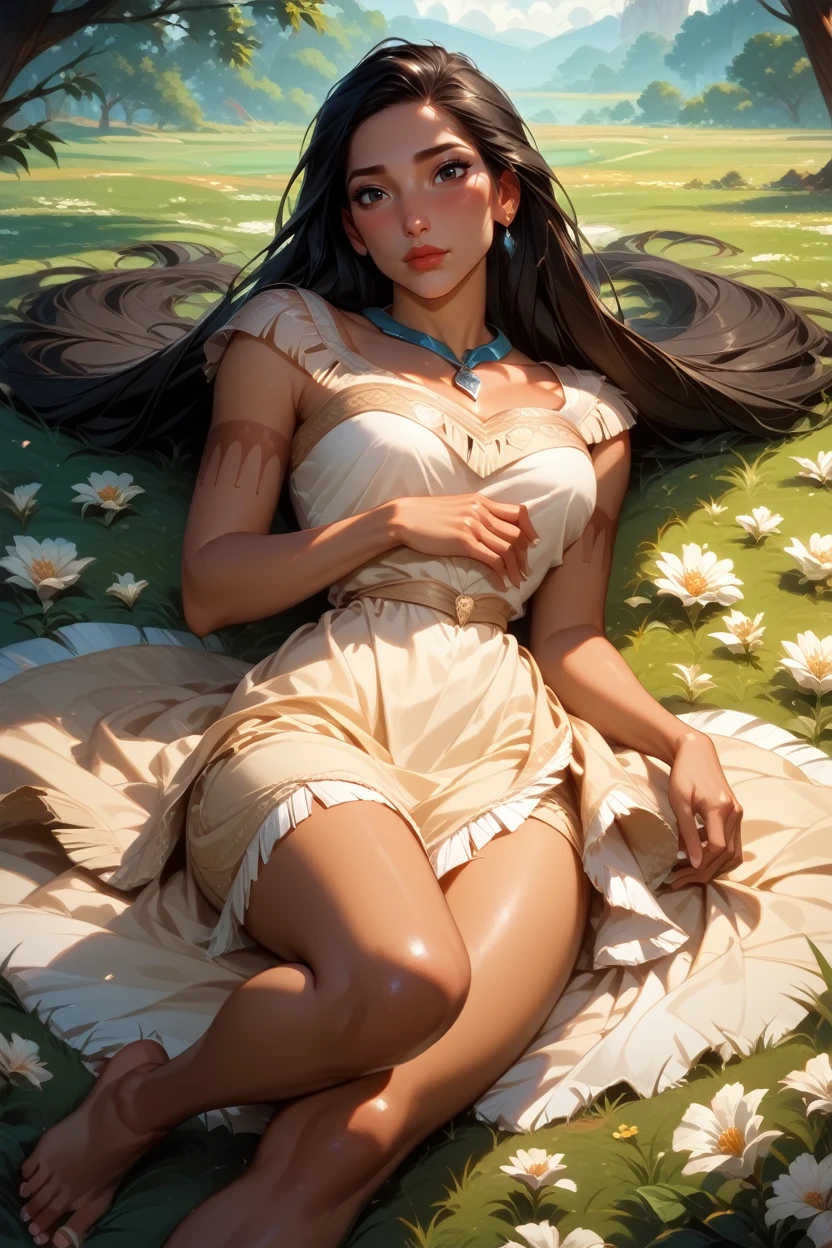 score_9, score_8_up, score_7_up, score_6_up
<lora:DisneyPocahontas:0.8>
DisneyPocahontas, 1girl, black hair, black eyes, long hair, dark skin, looking at viewer, lying down in a field of white flowers, dress, barefoot, looking at viewer, blushing