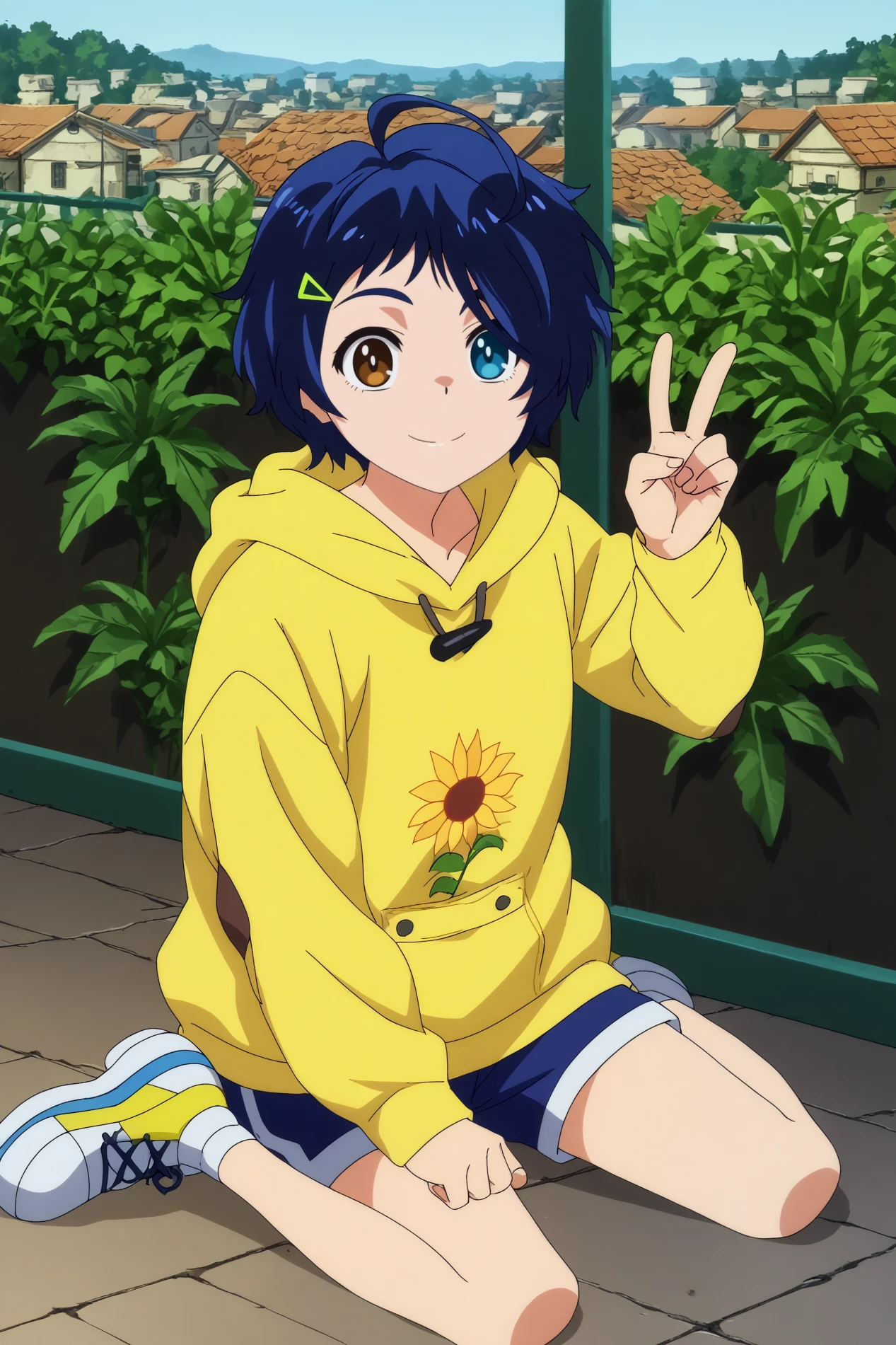 ohto ai,1girl,solo,heterochromia,short hair,yellow hoodie,hood,blue eyes,hoodie,hair ornament,hairclip,shorts,hood down,upper body,peace sign,smile,sneakers,sit,on floor,cowboy shot BREAK outdoors,orange sky,night time,cityscape    <lora:Ohto_Ai_-_Wonder_Egg_Priority.safetensors:0.8> <lora:detailed_backgrounds_v2.safetensors:0.5>