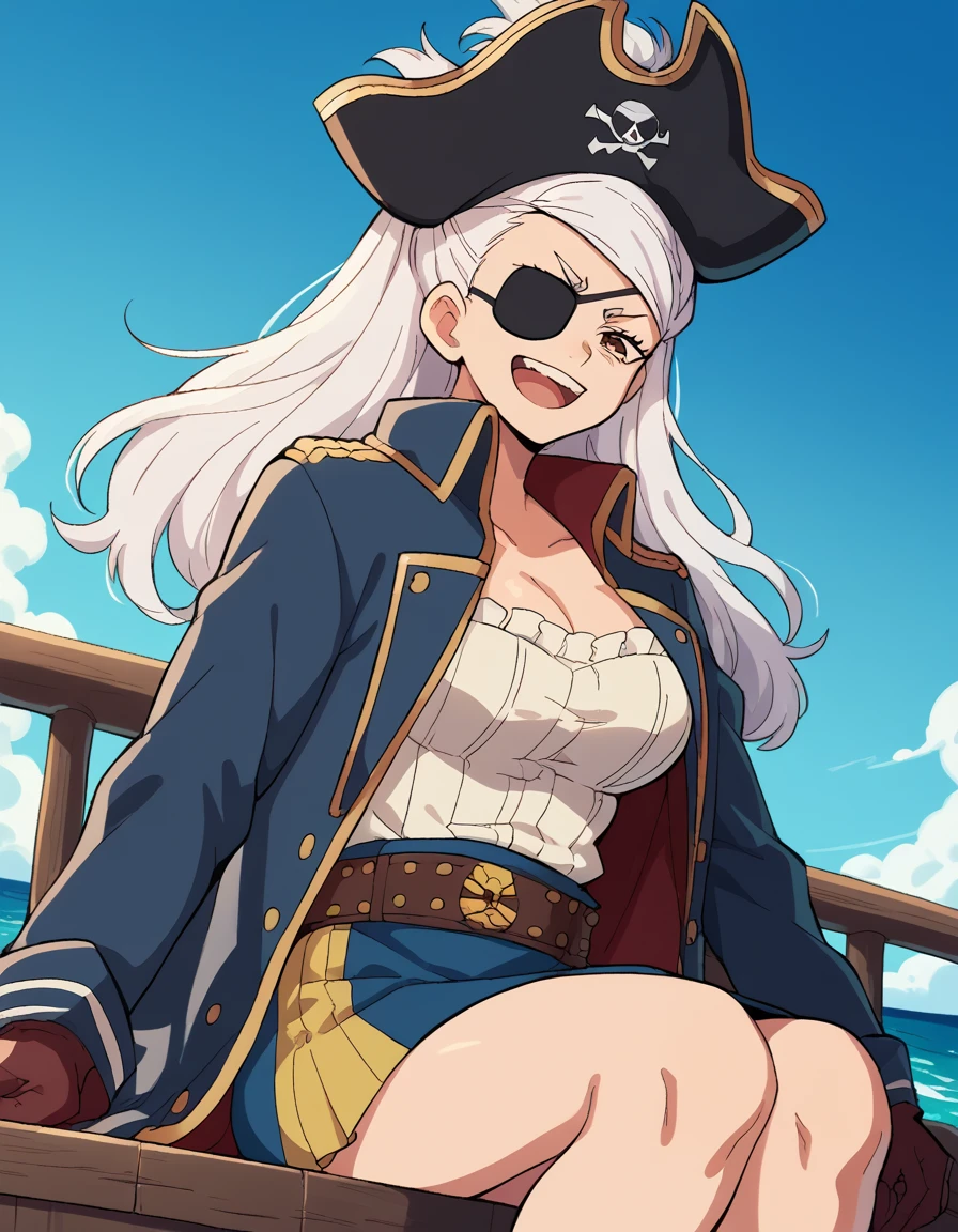 score_9, score_8_up, score_7_up, source_anime, <lora:seiko-ayase-alpha-ponyxl-lora-nochekaiser:1>, seiko ayase, long hair, large breasts, white hair, brown eyes,, <lora:pirate-costume-ponyxl-lora-nochekaiser:1>, pirate costume, pirate hat, skirt, gloves, jacket, shirt, eyepatch,, blue sky, sea, ocean, pirate ship, treasure, gold, smug, open mouth, from below, sitting,, , dutch angle, cowboy shot