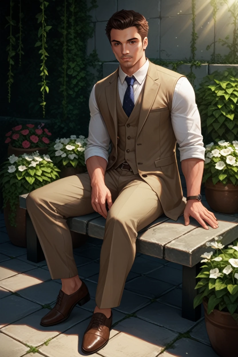 score_9, score_8_up, score_7_up,
<lora:MEKaidan:0.8>
MEKaidan, 1boy, brown hair, short hair, brown eyes, muscular, looking at viewer, sitting on a stone bench in a Mediterranean courtyard, wearing a light linen suit, vines and flowers around, warm sunlight, elegant and relaxed mood