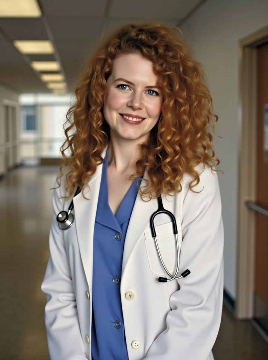 <lora:nicole-kidman:1.1> female, red curly hair, dressed a a doctor,