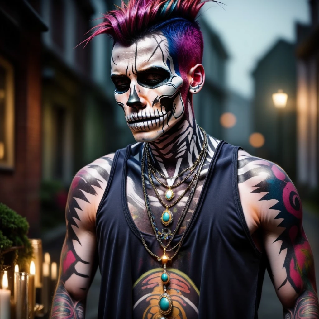 evang, skeleton paint, punk outfit, colored Mohawk hair, chain necklace, atmospheric, cinematic, high detail, masterpiece,photo, raw,realistic, tank top