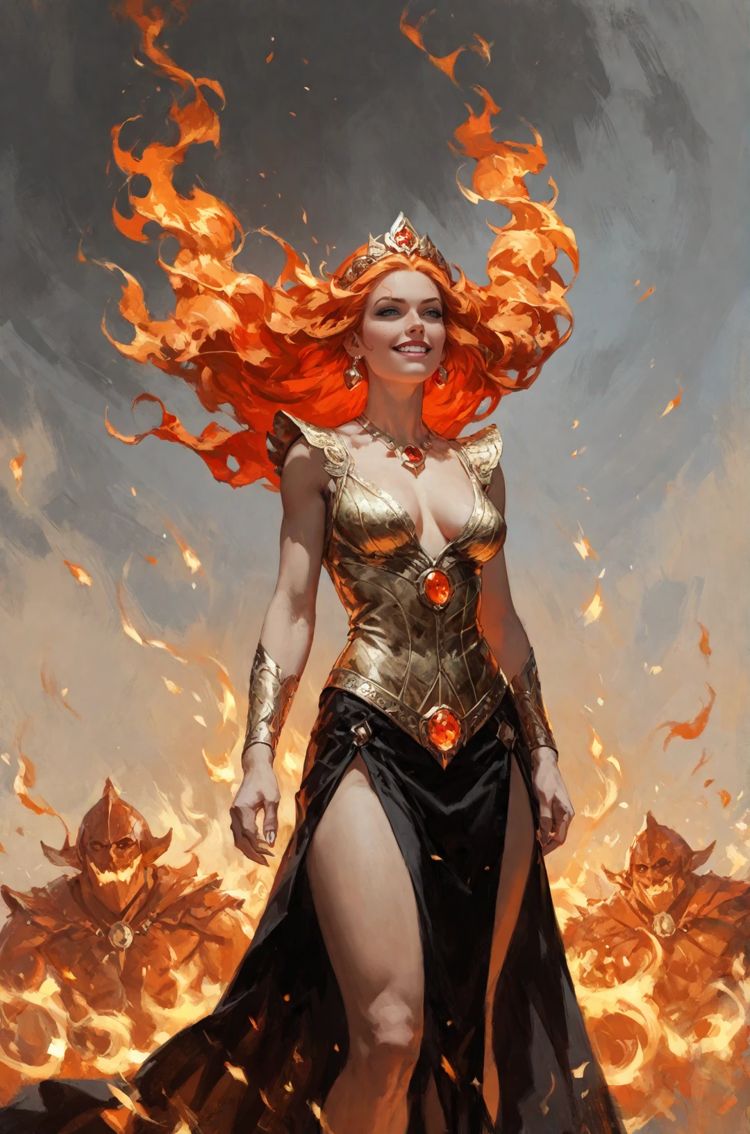 ((ultra-HD-details)), source_mythology, source_fantasy, portrait of a woman clothed in fire, flowing hair, windy, cowboy shot, fantastical, (goddess of fire), (fire_style), fire theme, avatar of flame, (concept_art_style), (western_comic_style), (epic_fantasy_style), ((strategic_censoring)), ((mystical)), (((red flame robes))), naughty smirk, magical fire, naughty, ((surrounded by fire)), ((wearing flames as clothing)), (fire, flames, fireproof skin:1.3), flaming red hair, ((ethereal)), wide hips, saggy breasts, perfect_thighs, (score_9, score_8_up:1.1), score_7_up, extreme_maximalism, incredibly absurdres, highres, vrays, overall_detail, face_detail, rating_lewd, (((fine_art_style))), insane_quality, insane_resolution, 16k_UHD, supremely detailed art style, crisp_quality, fine_details <lora:add-detail-xl:1> (zPDXLxxx:0.8), (zPDXL:0.8), (SimplepositiveXLv1:1.3)<lora:fr4z3XLP:0.8>fr4z3