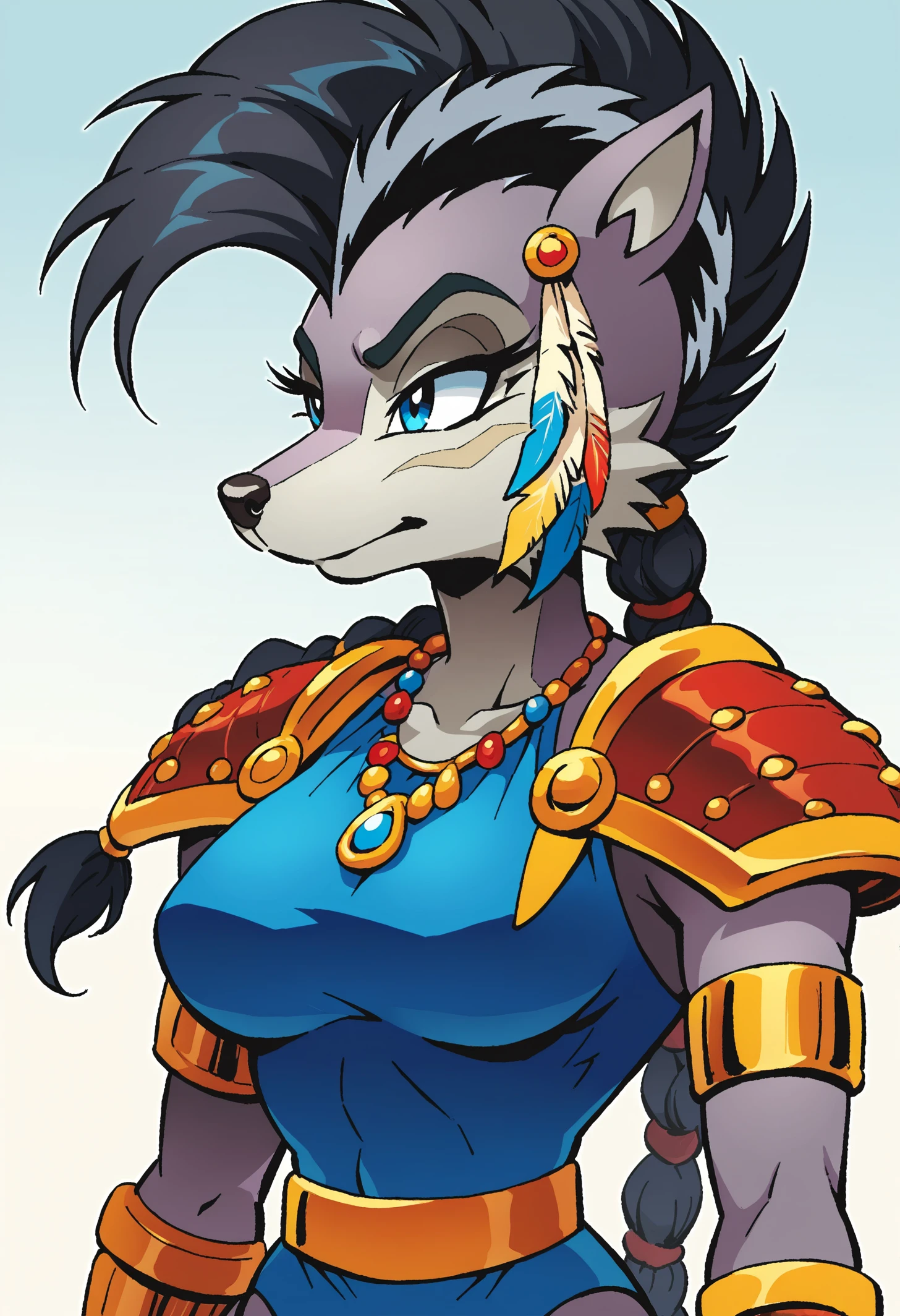 score_9, score_8_up, source_furry, <lora:Lupe_the_wolf_r1:0.8>, Lupe the wolf, anthro wolf, 1girl, mohawk, black hair, braided ponytail, blue leotard, armlet, necklace, feather hair ornament, armor, shoulder armor