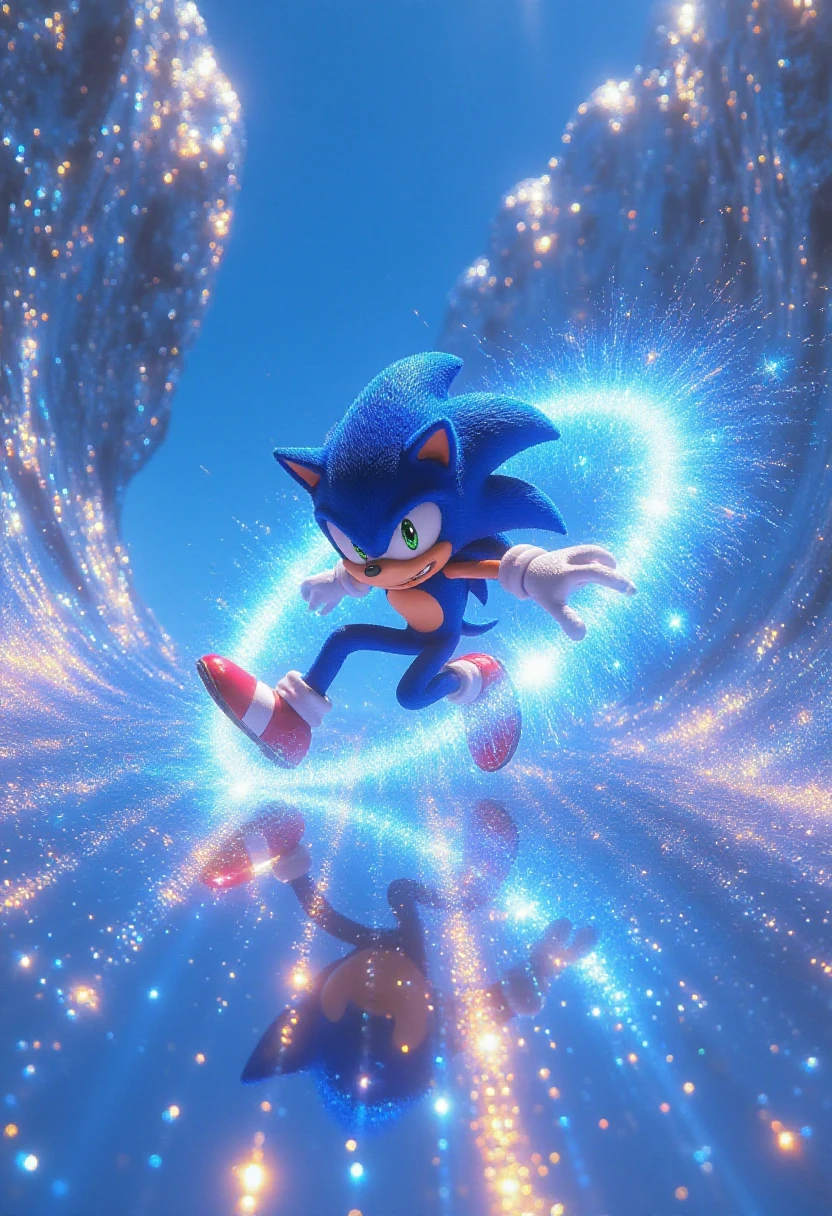 a sparklecraft style photo of Sonic The Hedgehog performing his super spin move, becoming a glowing blue ball of lightning, inside a shiny reflective pneumatic tube with a blue sky in the background