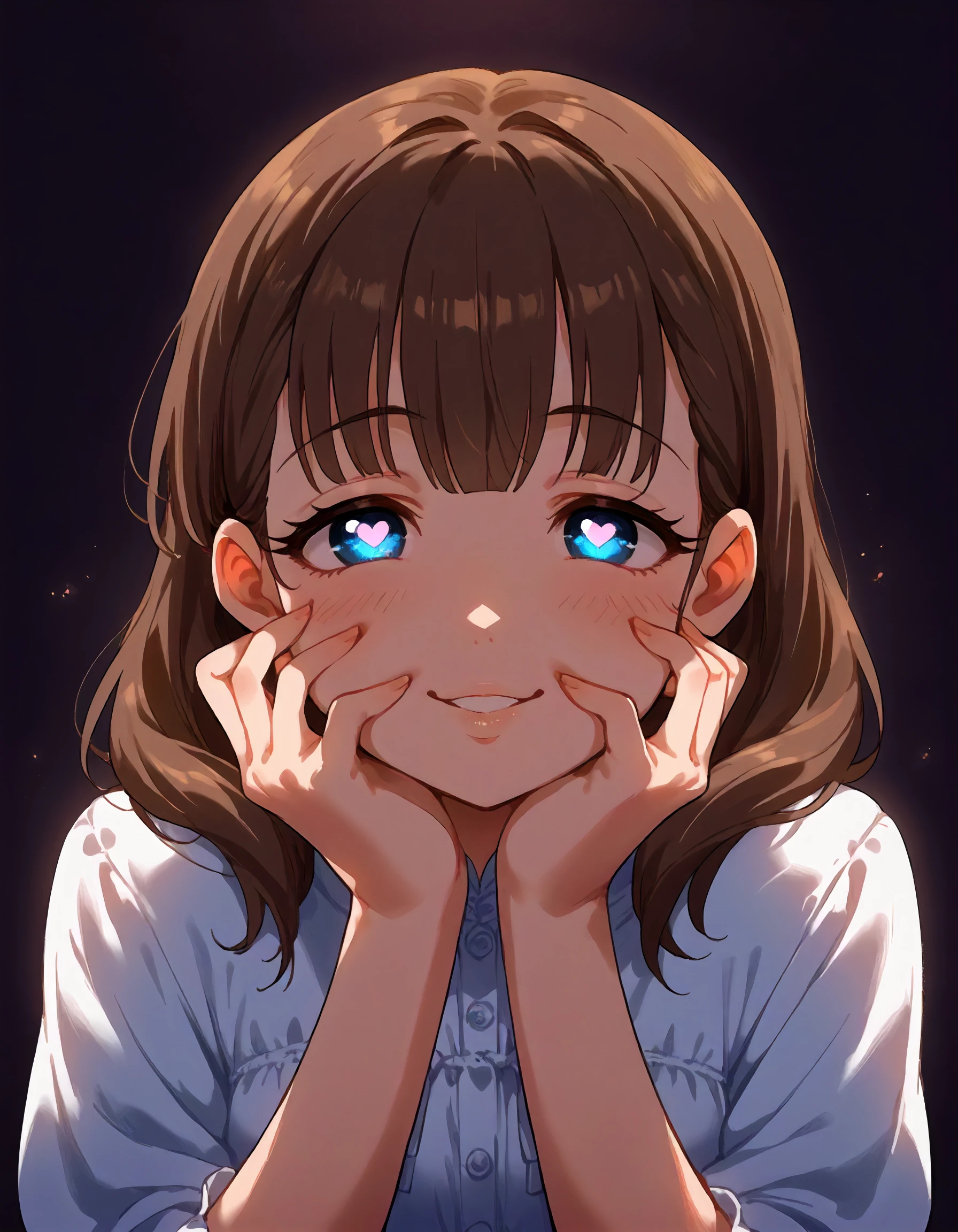 score_9,score_8_up,score_7_up,1girl,solo,yandere trance,face focus,looking at viewer,crazed,hands on own cheeks,dark background,heart background,
<lora:sakumamayu_ponyXLV6:0.8>,cgsmmy,
brown hair,medium hair,blue eyes,heart-shaped pupils,glowing eyes