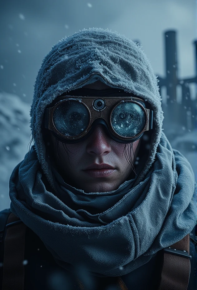 A mid-shot portrait of a frost-clad survivor in heavy winter clothing, the face visible under layers of frost, steampunk goggles, surrounded by swirling snow, dark and cold atmosphere, soft light illuminating from a distant industrial source . bv-fropunsty<lora:bv-frostpunk-style-v1.safetensors:1.0:1.0>