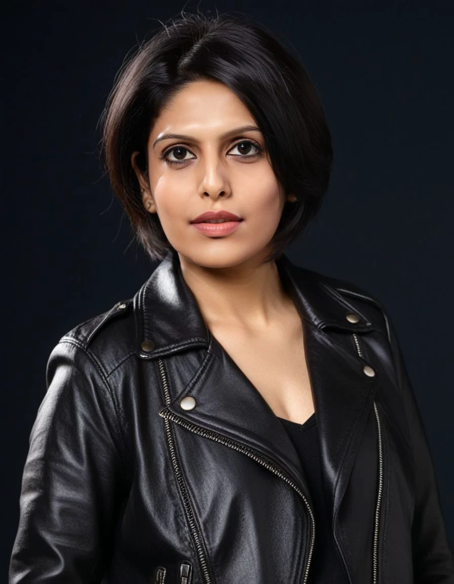 1girl, solo,  bracelet, jewelry, realistic, black short hair, black eyes, ultra pose
Wearing a leather jacket, (body shot)
 <lora:Palki_Sharma:1>Palki Sharma,
parted lips, (black room background:1),