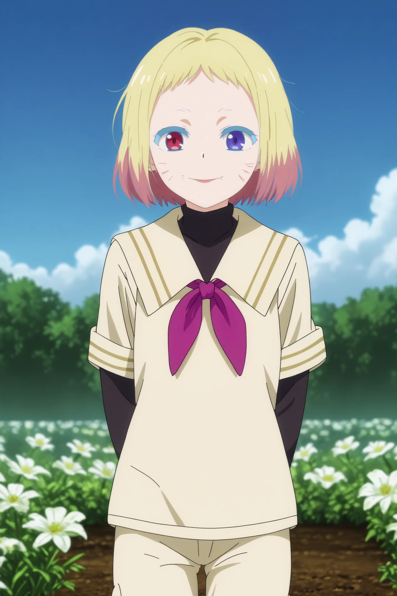  awano kotobuki,1girl,solo,smile,heterochromia,blonde hair,purple eyes,short hair,looking at viewers,gradient hair,facial mark,neckerchief,shirt,school uniform,sailor colla,short over long sleeves,layered sleeves,purple neckerchief,standing,hands behind the back,cowboy shot,close-up BREAK outdoors,blue sky,white flower,field    <lora:Awano_Kotobuki_-_Wonder_Egg_Priority.safetensors:0.8> <lora:detailed_backgrounds_v2.safetensors:0.5>