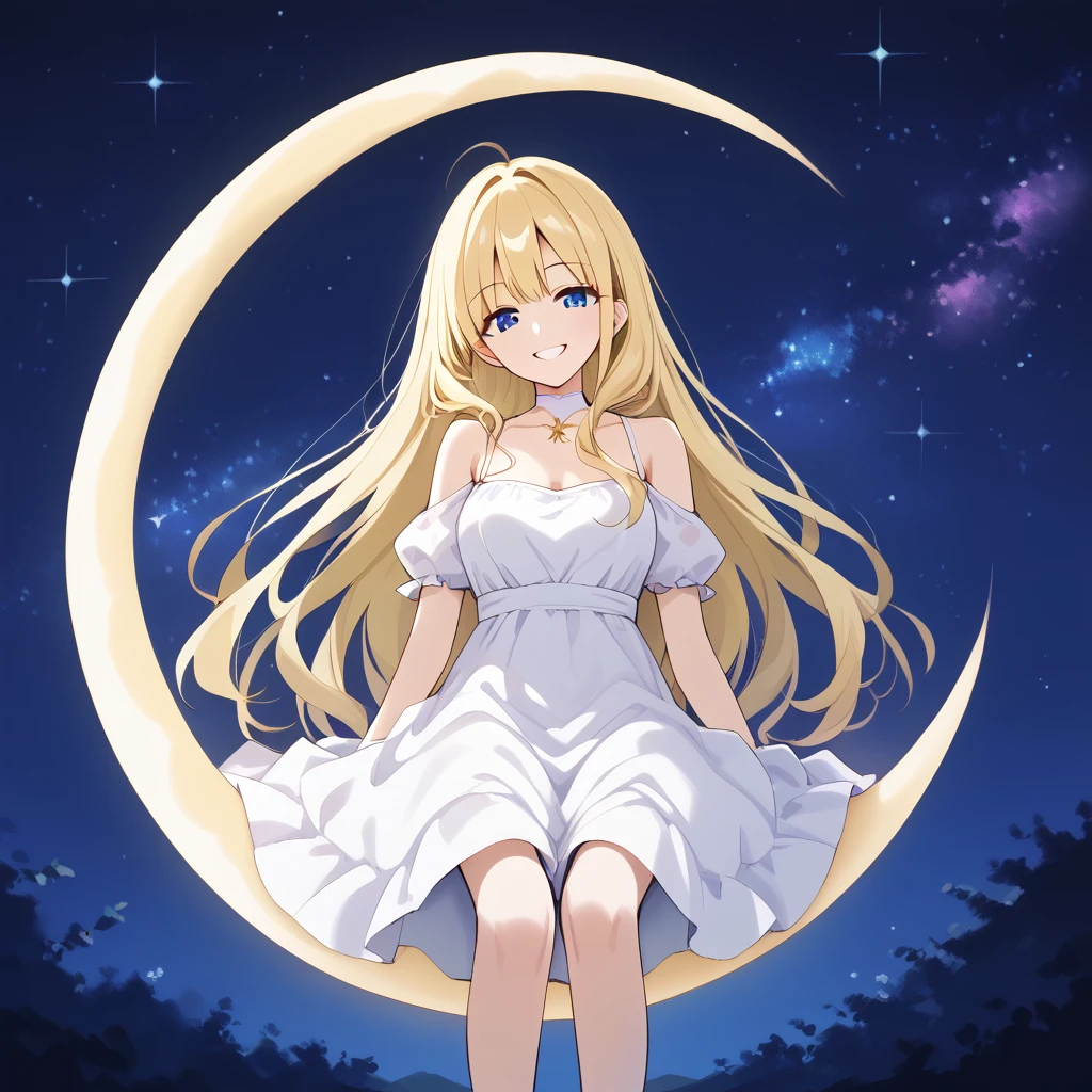 solo, 1girl, blonde hair, white dress, smile, night sky, starry sky, sitting on the crescent moon