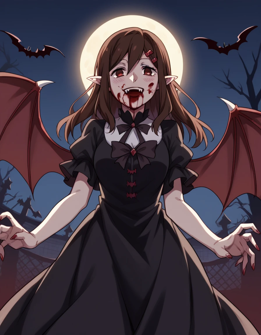 score_9, score_8_up, score_7_up, source_anime, <lora:ayano-tateyama-s1-ponyxl-lora-nochekaiser:1>, ayano tateyama, long hair, brown hair, hair ornament, hairclip, brown eyes, medium breasts,, <lora:vampire-ponyxl-lora-nochekaiser:1>, vampire, red eyes, pointy ears, fangs, black dress, wings, blood, blood on face, blood on mouth, bat (animal), halloween, halloween costume, upper teeth only, night, moon, blush, smile, open mouth, , dutch angle, cowboy shot