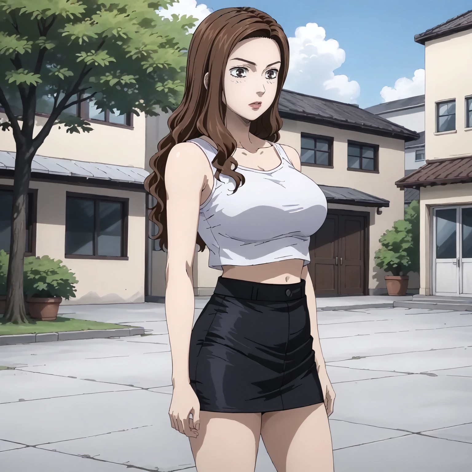 <lora:ID_MakoAndSayukiXLpony002>,
outdoors,
solo,
Sayuki,1girl,brown hair,long hair,brown eyes,
large breasts,
crop top,white tank top,sleeveless,
black skirt,pencil skirt,
standing,