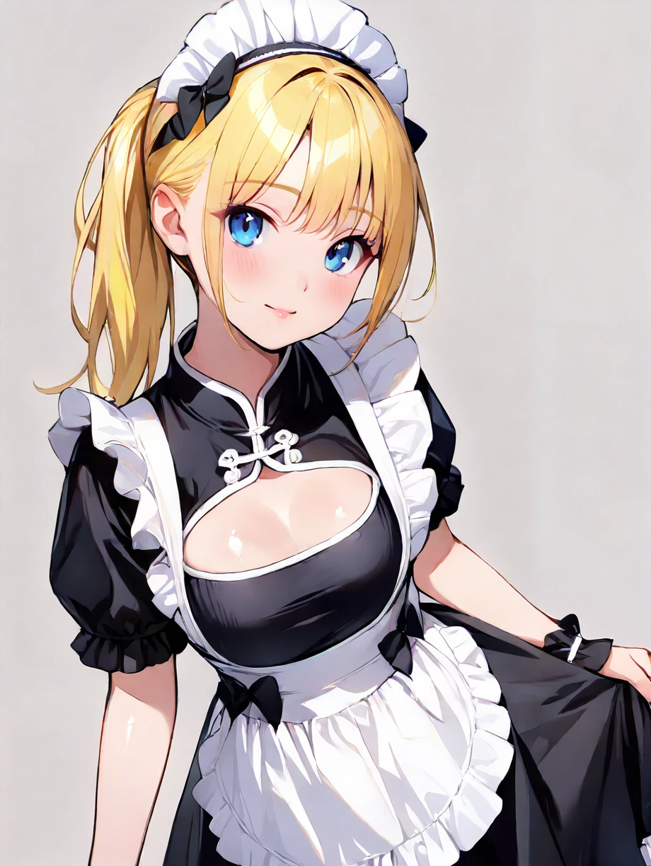 masterpiece,ultra-detailed,best quality,8K,illustration,cute face,clean skin ,shiny hair,1girl,ultra-detailed-eyes,simple background,dynamic angle,ponytail,blue eyes,yellow hair,long hair. <lora:china maid_illustrious_V1.0:1> jyojifuku, china maid, maid,apron, frills