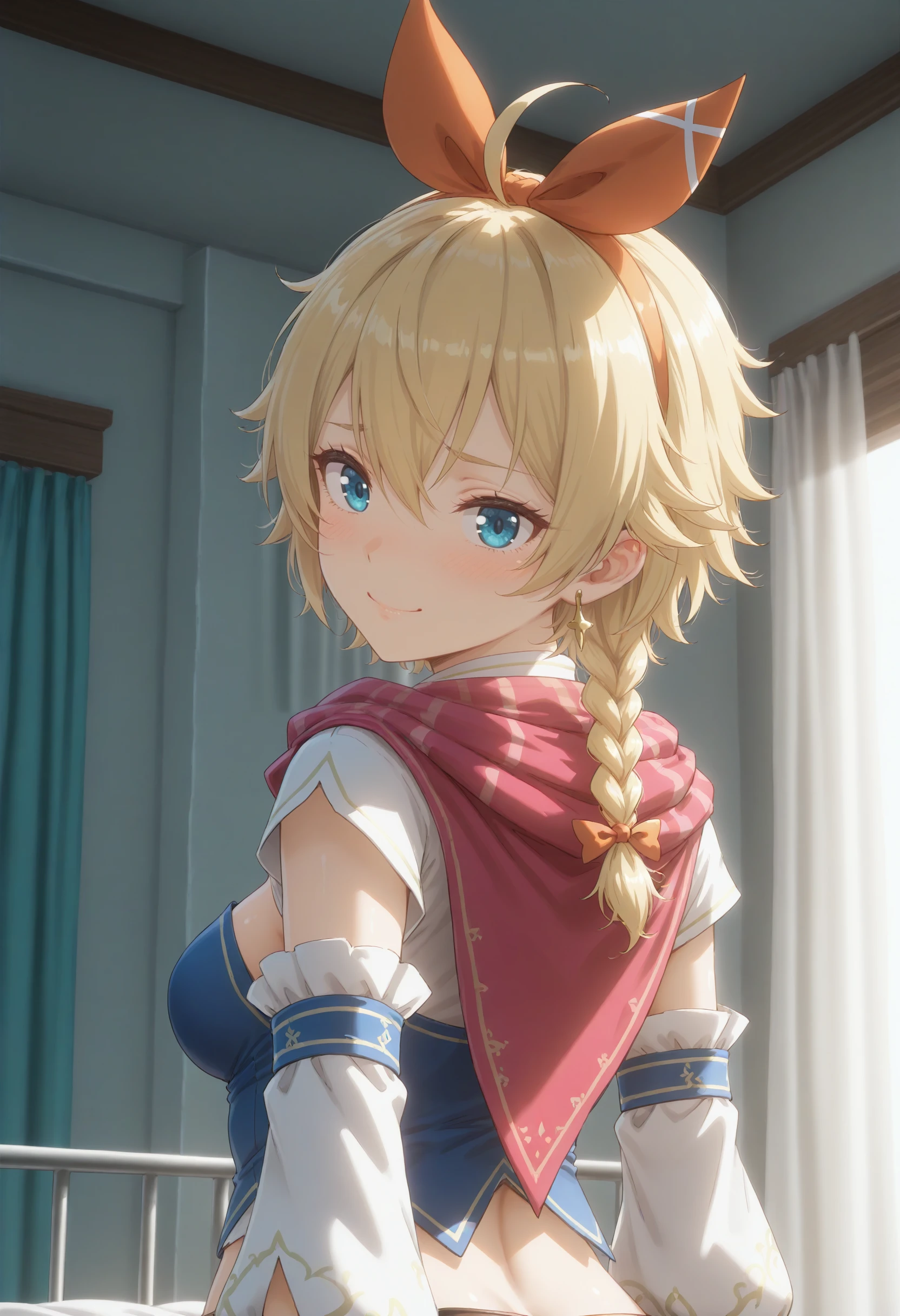 1girl, city thief, romancing saga 2, solo,
masterpiece,best quality,absurdres,detailed skin,anime colored,anime screencap,official art,
blonde hair,hair between eyes,single braid, braided ponytail, bangs, blue eyes, medium breasts, <lora:citythief_XL_v1:0.7>
hairband, hair bow, red bow,earrings, ahoge,
detached sleeves,  crop top, short sleeves, strapless, scarf,
from below, upper body, looking back, sad smile, infirmary, closed mouth,