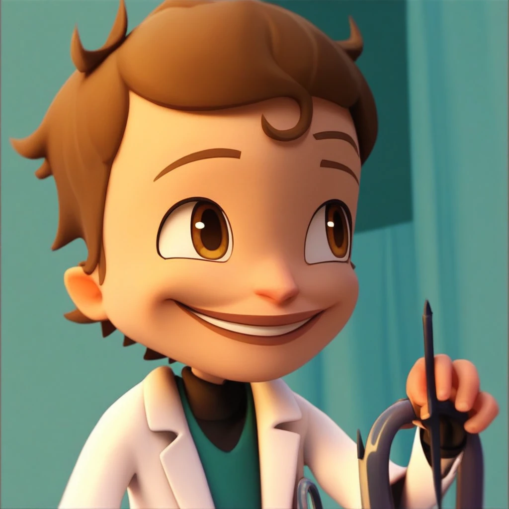 Score_9, score_8_up, score_7_up, h4nnah, brown hair, short hair, solo, smile, male focus, labcoat, brown eyes