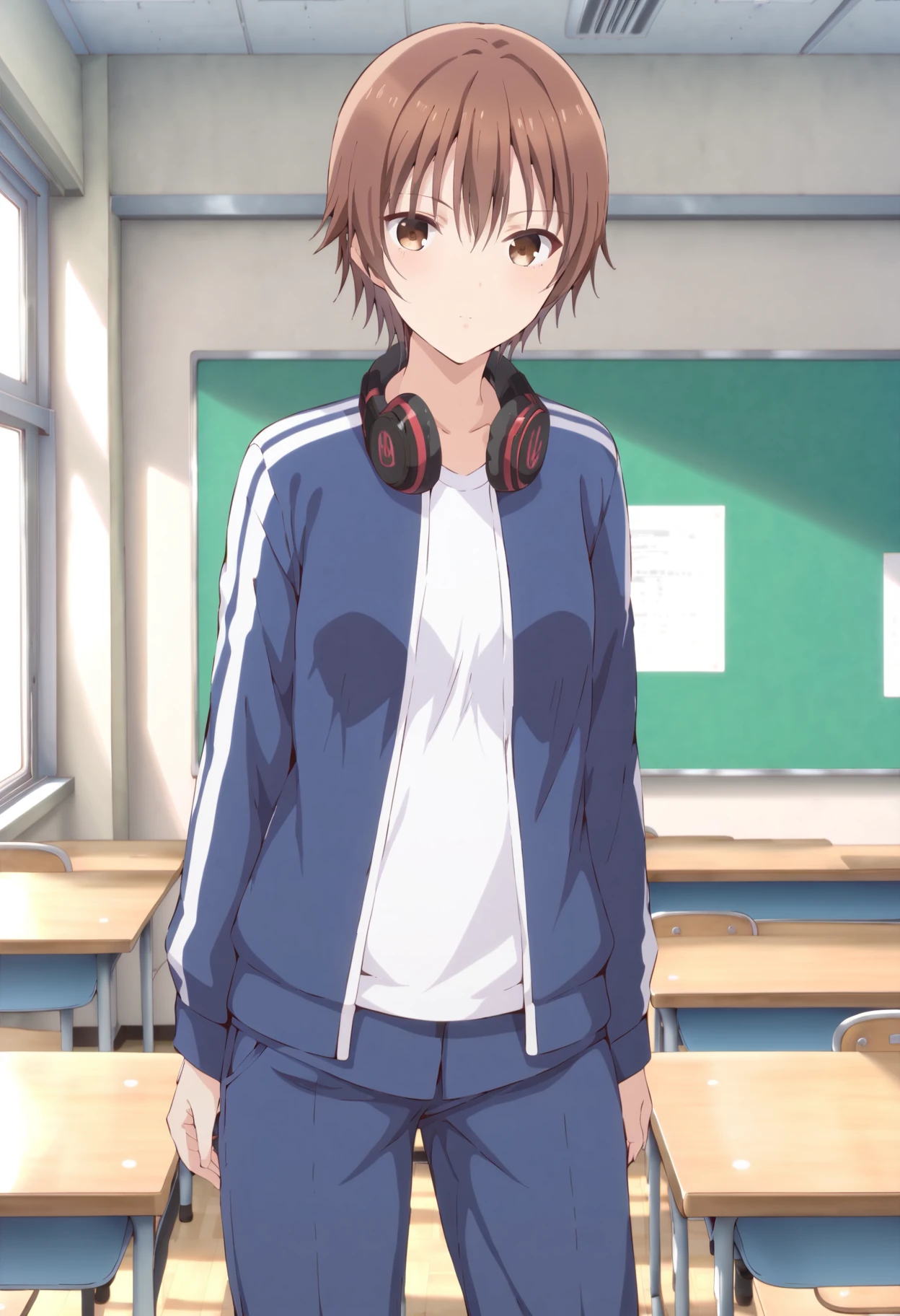 score_9, score_8_up, score_7_up, source_anime,
BREAK,
<lora:ninomae_kanade_ponyXL_v1:1> ninomae kanade, brown hair, short hair, brown eyes, 1girl, solo, headphones around neck, track jacket, pants, looking at viewer, classroom, standing,