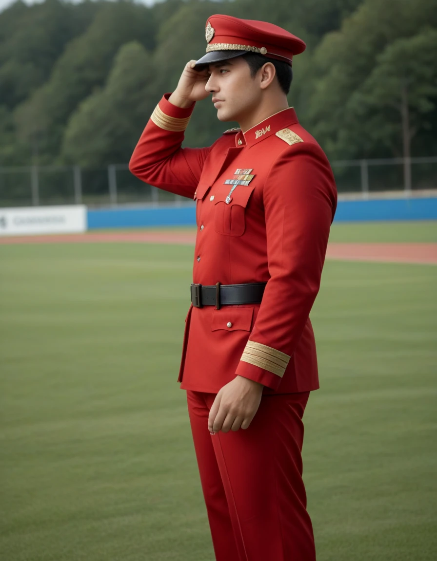 A  muscular man ,wearing commander red uniform, full sleeves, black belt, side view, peak cap,in on a track field, score_8_up,score_9, masterpiece,