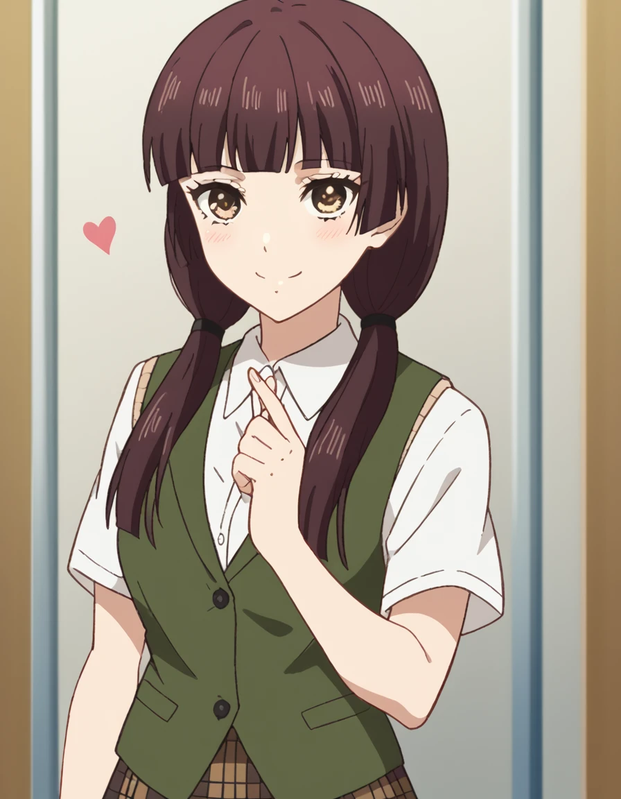 score_9, score_8_up, score_7_up, source_anime, <lora:harumi-taniguchi-s1-ponyxl-lora-nochekaiser:1>, harumi taniguchi, long hair, bangs, brown hair, twintails, brown eyes, blunt bangs, low twintails, medium breasts,, skirt, shirt, school uniform, white shirt, short sleeves, pleated skirt, vest, plaid, plaid skirt, brown skirt, hospital room, bedside, get well flowers, comforting, quiet, , <lora:finger-heart-ponyxl-lora-nochekaiser:1>, finger heart, heart, blush, smile,, looking at viewer, solo,, dutch angle, cowboy shot