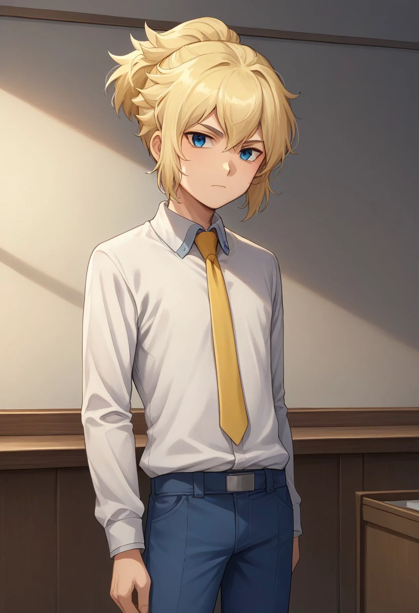 score_9, score_8_up, score_7_up, source_anime, highly detailed, 
hikaru, 1boy, male focus, solo, blonde hair, ponytail, blue eyes, shirt, white shirt, collared shirt, necktie, yellow necktie, pants, blue pants,
indoor