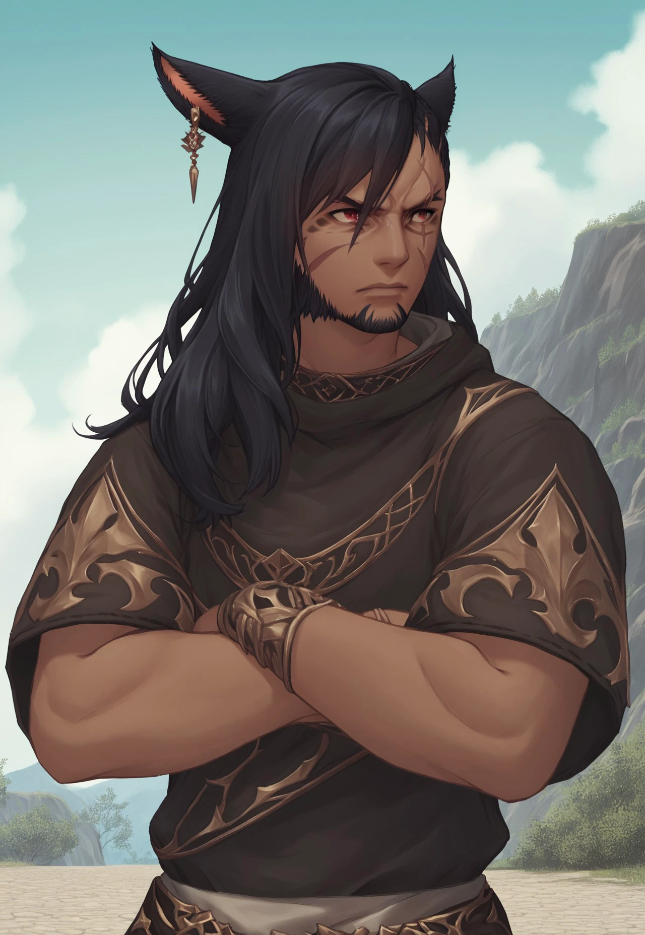 f4c32-miq0, 1boy, male focus, solo, solo focus, miqo'te, animal ears, scar, cat ears, red eyes, facial hair, crossed arms, long hair, facial mark, scar across eye, dark skin, scar on face, day, black hair, earrings, outdoors, sky, solo focus, jewelry, beard,  score_9, score_8_up, score_7_up, score_6_up, score_5_up, score_5_up, score_4_up