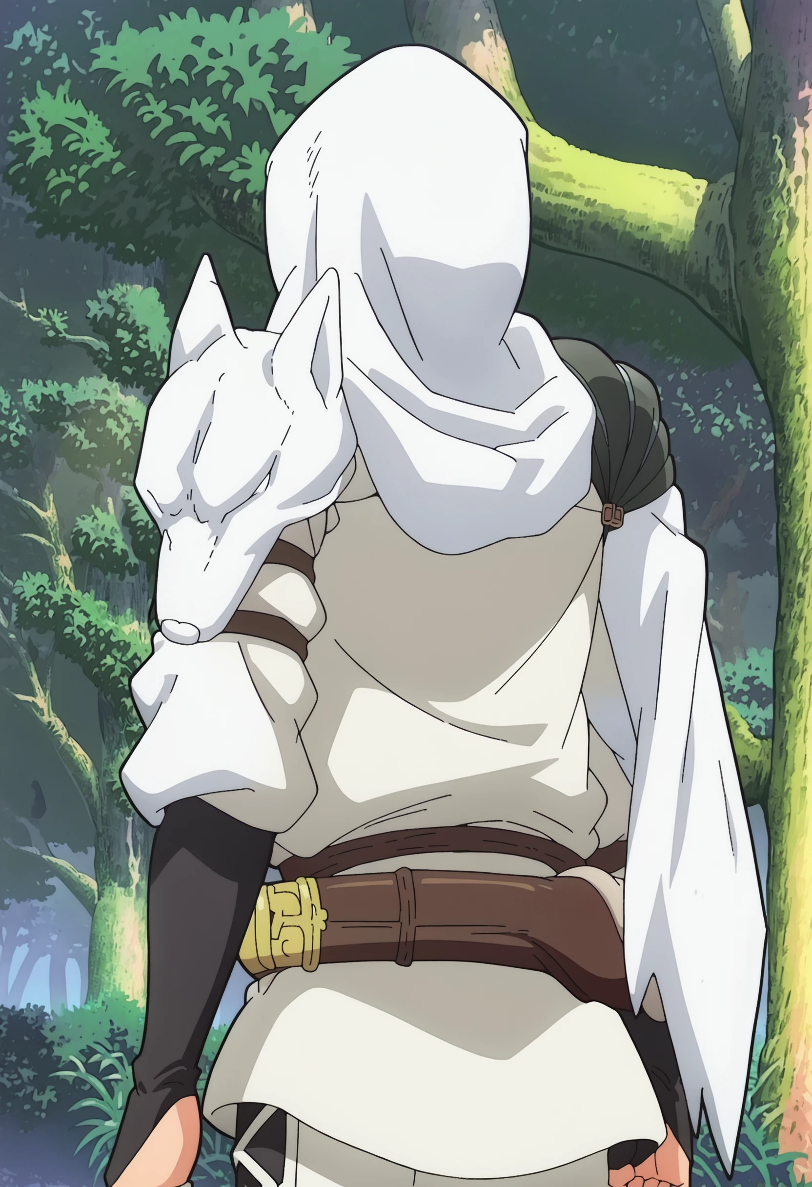 score_9, score_7_up,anime coloring ,source_anime, anime, forest, 1boy, solo, from behind, facing away, kikuru madan, hooded jacket, hood up, white pants, black gloves, partially fingerless gloves, belt, walking, <lora:Kikuru_Madan_from_Futoku_no_Guild-000009:1>