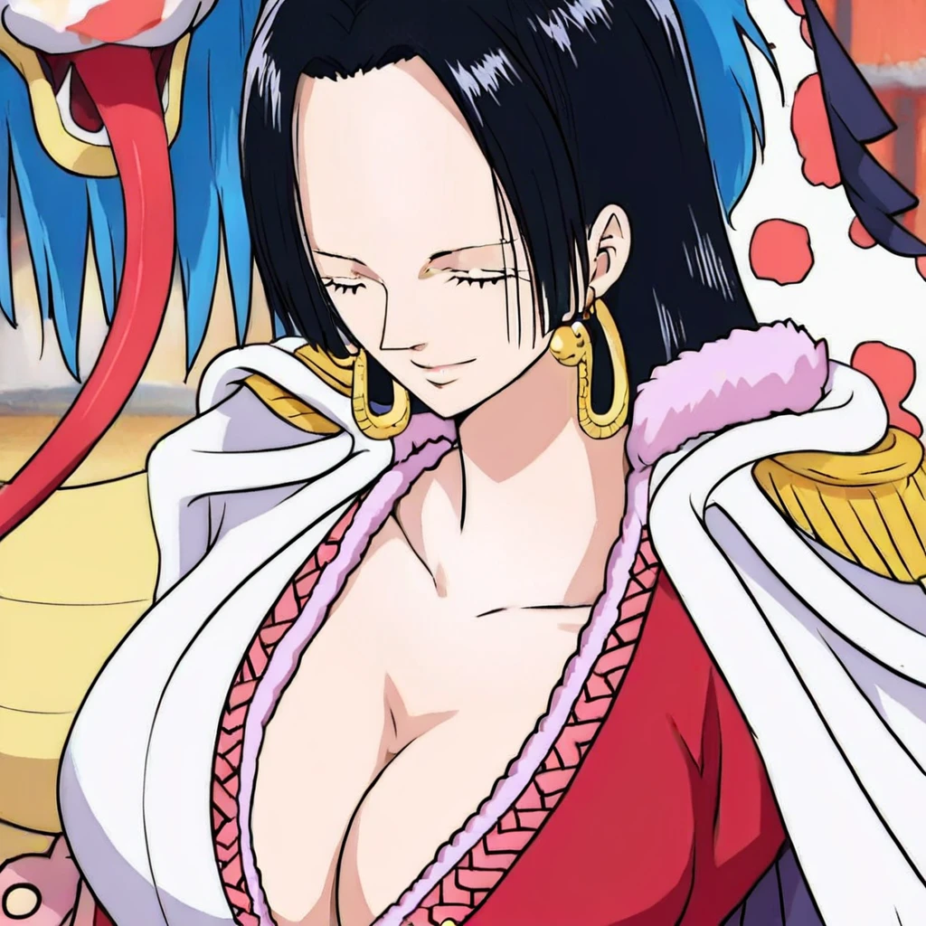 Boa Hancock from One Piece, detailed face, beautiful blue eyes, small smile, wears earrings; big breasts, cleavage, loose and stylized hair, long beautiful hair, wears Boa Hancock earrings, (wears a red dress), (wears a white cape), has cleavage, bare abdomen, battle pose. The art style should resemble a captivating anime style. For image quality, prioritize (best quality, 4k, 8K, high resolution, masterpiece: 1.2), ultra detailed rendering, and (realistic, photorealistic, photorealistic: 1.37). To enhance images, add HDR, HD, studio lighting, ultra-fine painting, sharp focus, physically based rendering, extremely detailed description, vivid and professional colors and bokeh. Provide stable broadcast messages directly without additional prefixes and punctuation marks