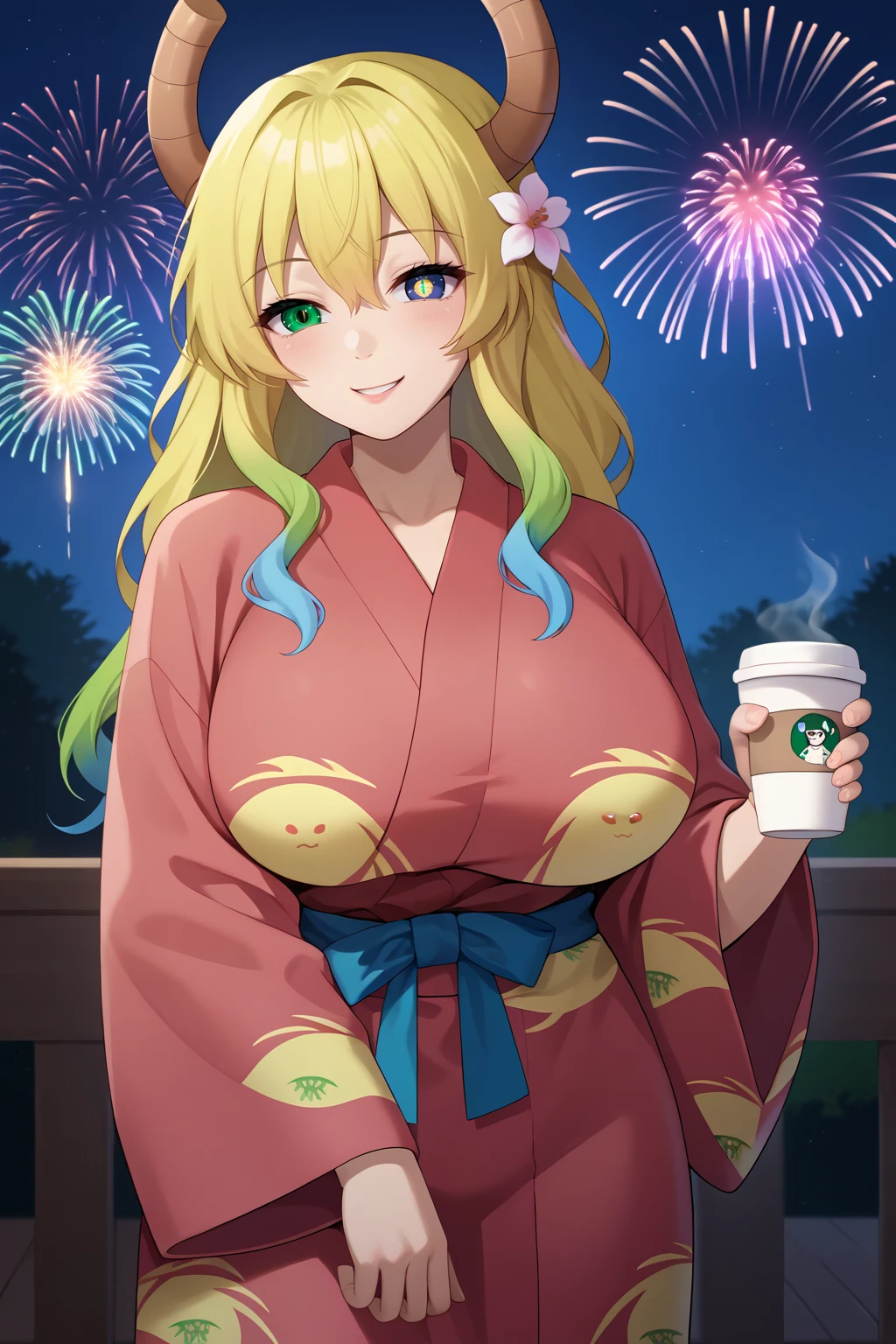 score_9, score_7_up, source_anime, cowboy shot, looking at viewer, smile, mlc, dragon horns, huge breasts, heterochromia, green eyes, blue eyes, slit pupils, multicolored hair, blonde hair, green hair, blue hair, hair between eyes, hair flower, yukata, dragon print, holding, coffee cup, disposable cup, outdoors, night, fireworks, summer festival, <lora:Hoseki_Maidragon_Lucoa_PDXL_v1:1>