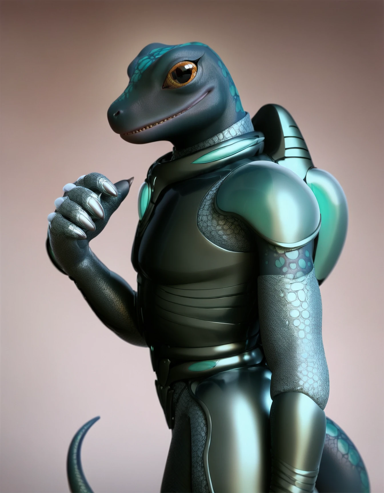 score_9, score_8_up, score_7_up, score_6_up, score_5_up, score_4_up
Y'Gythgba, anthropomorphic reptilian, scaled skin in shades of blue and green, lizard tail, futuristic armored suit, looking at viewer, eyelasher, reptilian eyes
 <lora:Y'Gythgba_XL:0.9>