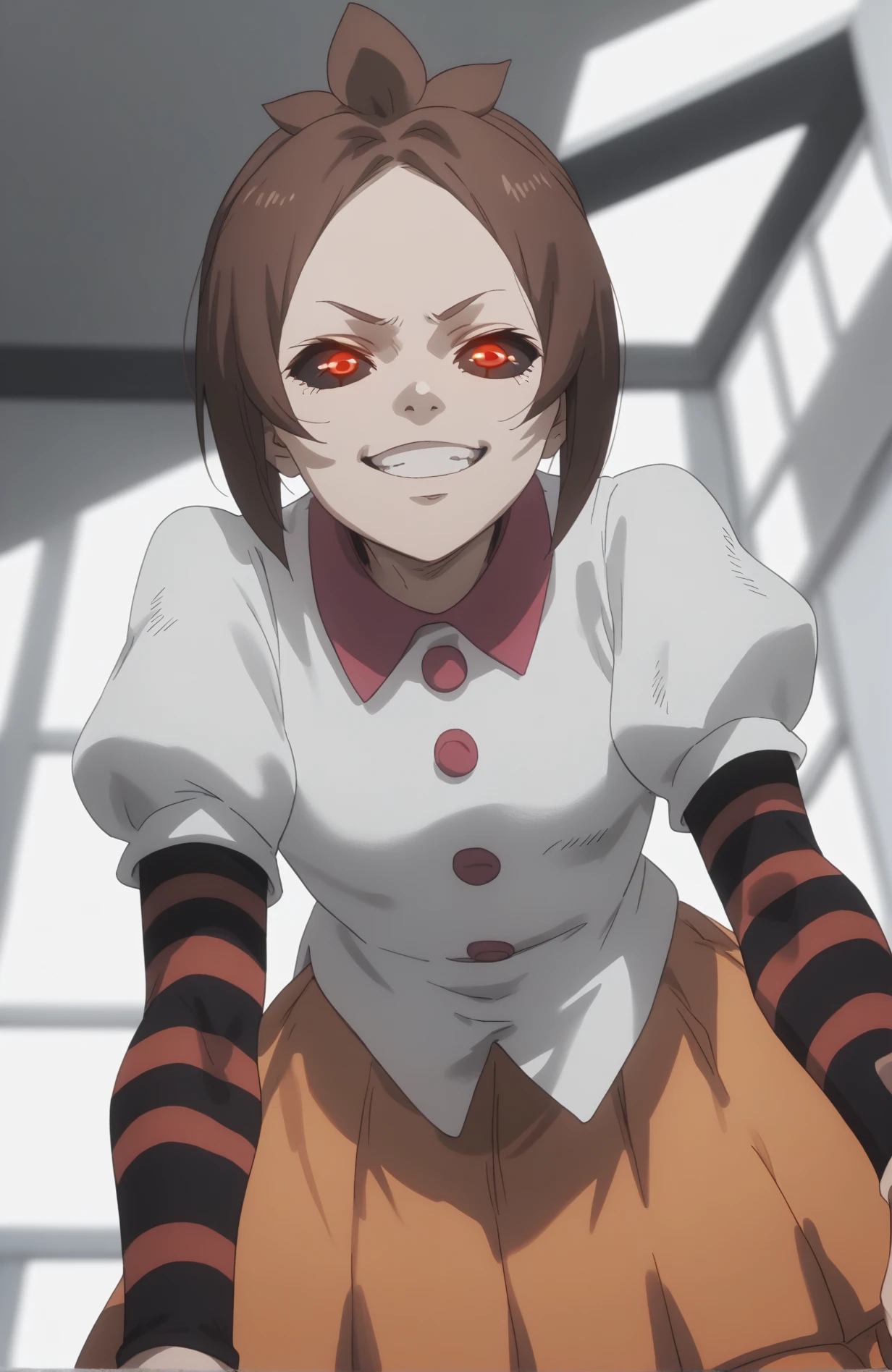 score_9,score_8_up,score_7_up,score_6_up,
, red eyes, black sclera, white shirt, striped sleeves, orange skirt, grin, from below, looking down, perspective, leaning forward, 
, roma, 1girl, solo, brown hair, short hair,  <lora:roma hoito pony v1-000005:1>