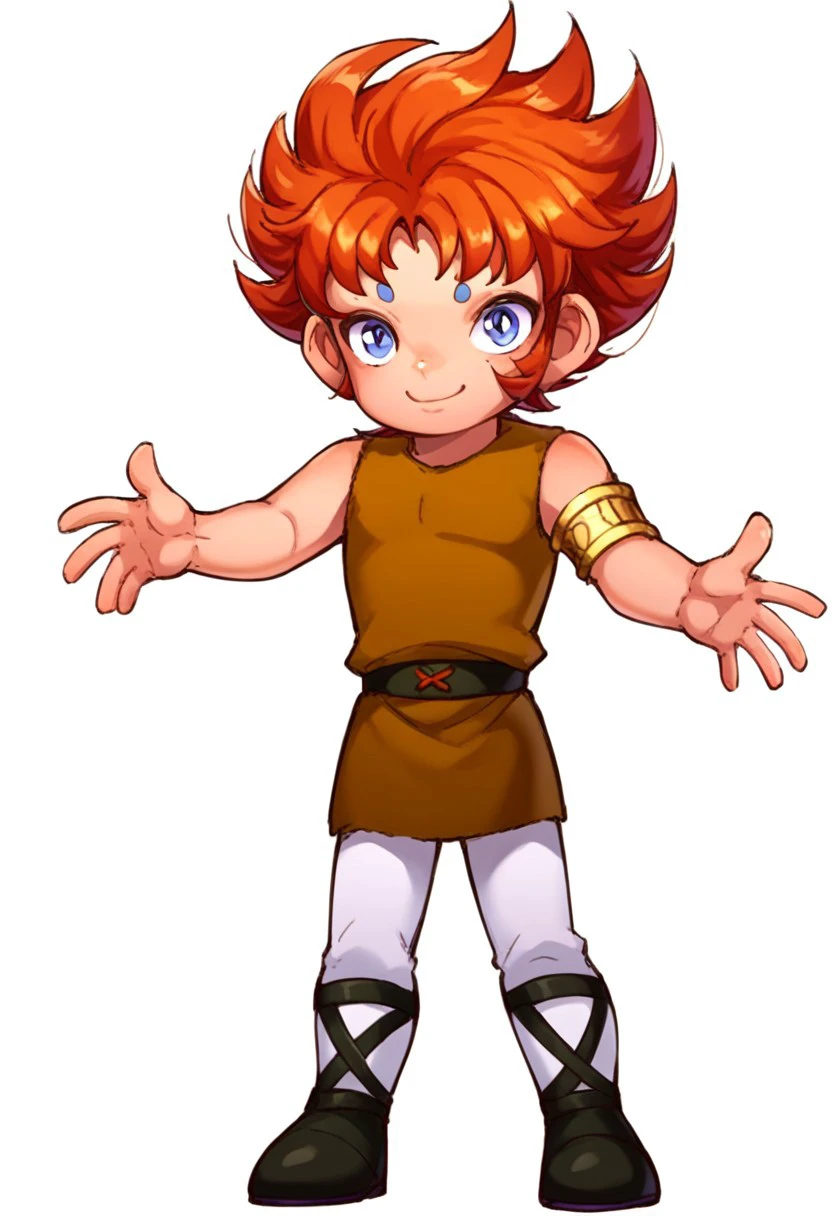 score_9, score_8_up, score_7_up, source_anime, highly detailed, young, 1boy, solo, cute boy,  cute smile, 1boy, saintkiki, young, male, spiky red-orange hair, large purple eyes, sleeveless tunic, black belt with buckle, golden arm bracelet, white pants, black boots, crisscross straps, two purple markings on forehead, 1boy, male focus, solo, white background, closed mouth, full body, red hair, blue eyes, simple background, smile, open arms