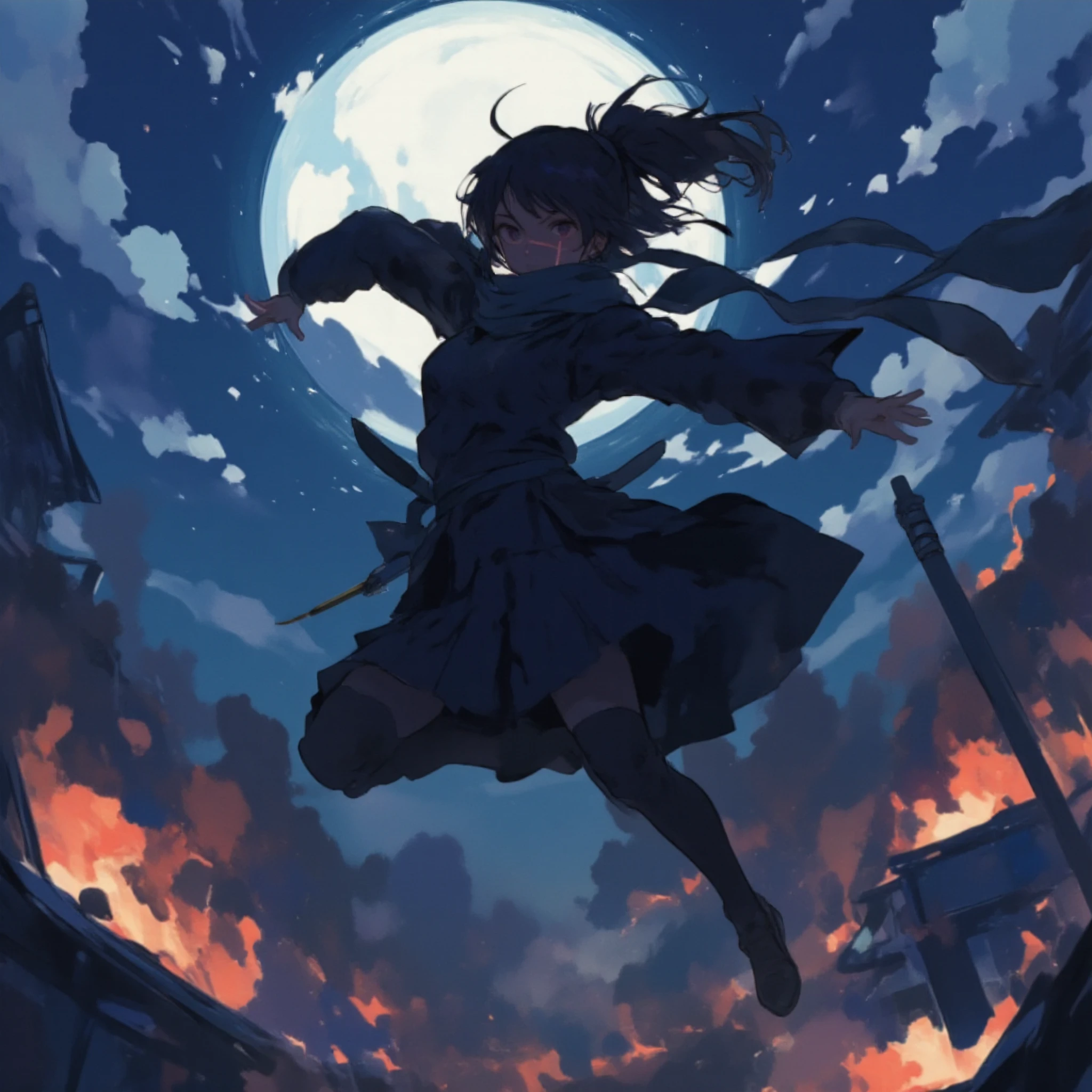 An anime-style ninja girl mid-jump under the moonlit sky, her figure silhouetted against a burning village in the background. She has a determined expression, with a scar across her cheek and the bridge of her nose. Her traditional dark ninja attire and flowing scarf create a sense of dynamic motion as she leaps, blending seamlessly into the intense night scene filled with flames and smoke.