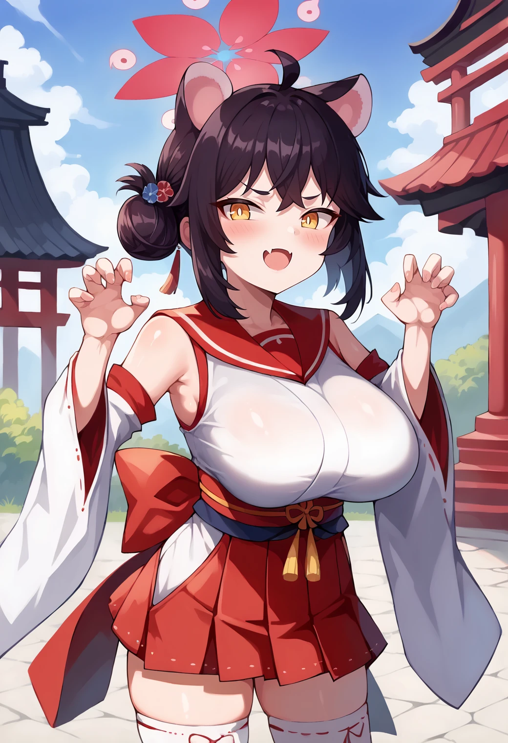 score_9, score_7_up, hd, (ultra hd quality details), source_anime, outdoors, temple gate,
solo, 1girl, bakkaede, black hair, halo, animal ears, single side bun, ahoge, large breasts, skin fang,
kaededef, red sailor collar, white kimono, sleeveless kimono, flower, obi, detached sleeves, wide sleeves, hakama short skirt, hakama skirt, red skirt, white thighhighs,
looking at viewer, blush, smug,
standing, claw pose,
<lora:_kaede_ba-elesico-ponyB:1>