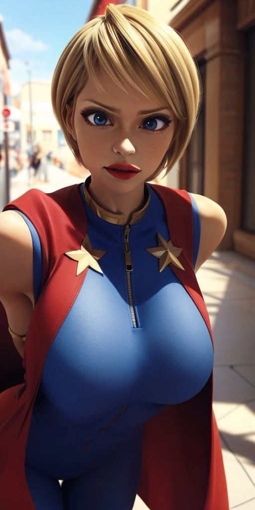 Hyperrealistic, photorealistic, super detailed, expressive blue eyes, (red sleeveless vest with collar), (three gold stars and two jagged gold lines on the front on collar), (blue suit under sleeveless vest), (red long cloak), bluish-black eyeshadow, short blonde hair styled into a pixie cut, red lipstick, body like in real life, large pores, fair skin, tall, beautiful arms, medium breasts, unreal engine, octane render, droped shadow, bokeh, cinematic lighting, <lora:add_detail:0.5>, <lora:Volumetric_lighting:0.6>, Olympia Hill, Majestia, , <lora:ef3c87e9-93c9-4668-9f53-9504c7787c8a:0.7>