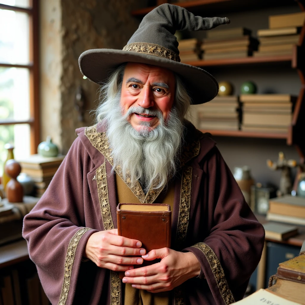 "Imagine a round-faced wizard with a warm, welcoming expression, dressed in a cozy, slightly frayed robe adorned with tiny embroidered stars. His wizard hat, slightly too big, has a homemade charm to it. He holds a dusty old tome close to his chest, as if it’s a dear friend, and has an air of earnestness and enthusiasm that shines through his kindly smile. He stands in a sunlit, cluttered study filled with stacks of books, jars of herbs, and mystical artifacts, casting a warm, inviting glow that matches his genuine, heartfelt passion for magic."