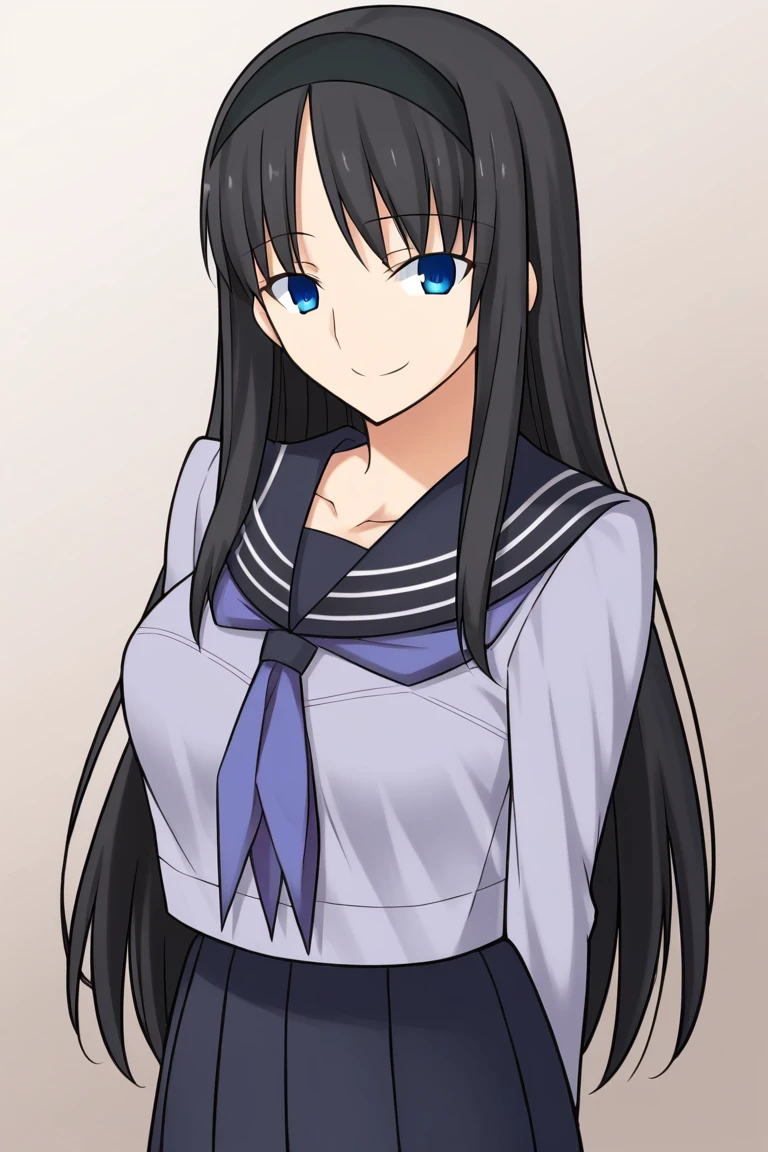 Akiha_Tohno,1girl,solo, long hair, black hair, blue eyes,large breasts,hairband,black hairband,school uniform,serafuku,sailor collar, neckerchief,skirt,smile,looking at viewer