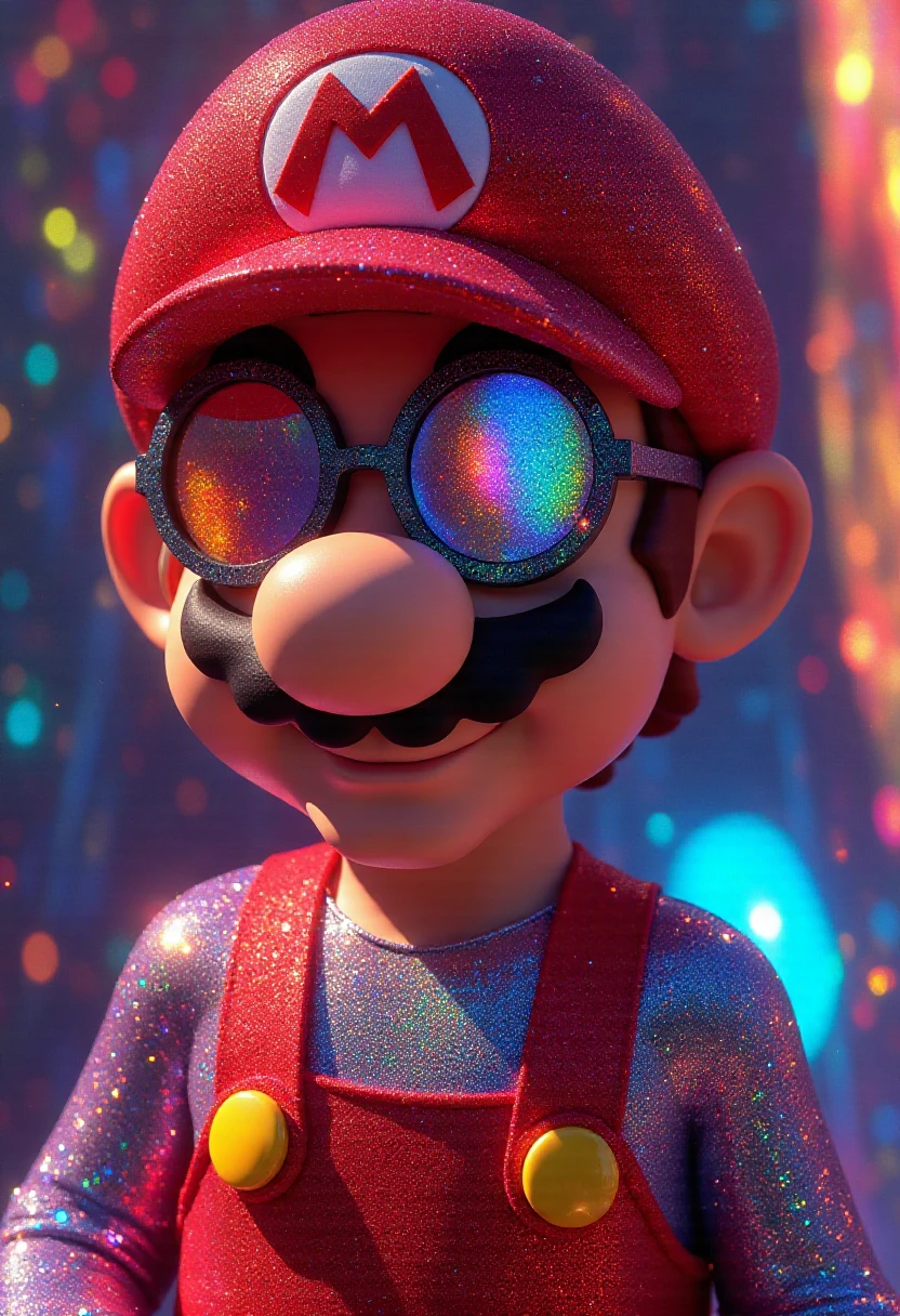 a sparklecraft style reimagined version of Super Mario with a vibrant, futuristic twist. The character wears futuristic, large, reflective, prism-like sunglasses that give off a spectrum of colors. His red suspenders are covered in glittering material, making it sparkle under light, and his entire outfit is similarly dazzling, adding a glamorous, almost disco-like feel. The lighting emphasizes the glossy and sparkling textures, creating a surreal, almost otherworldly aesthetic.