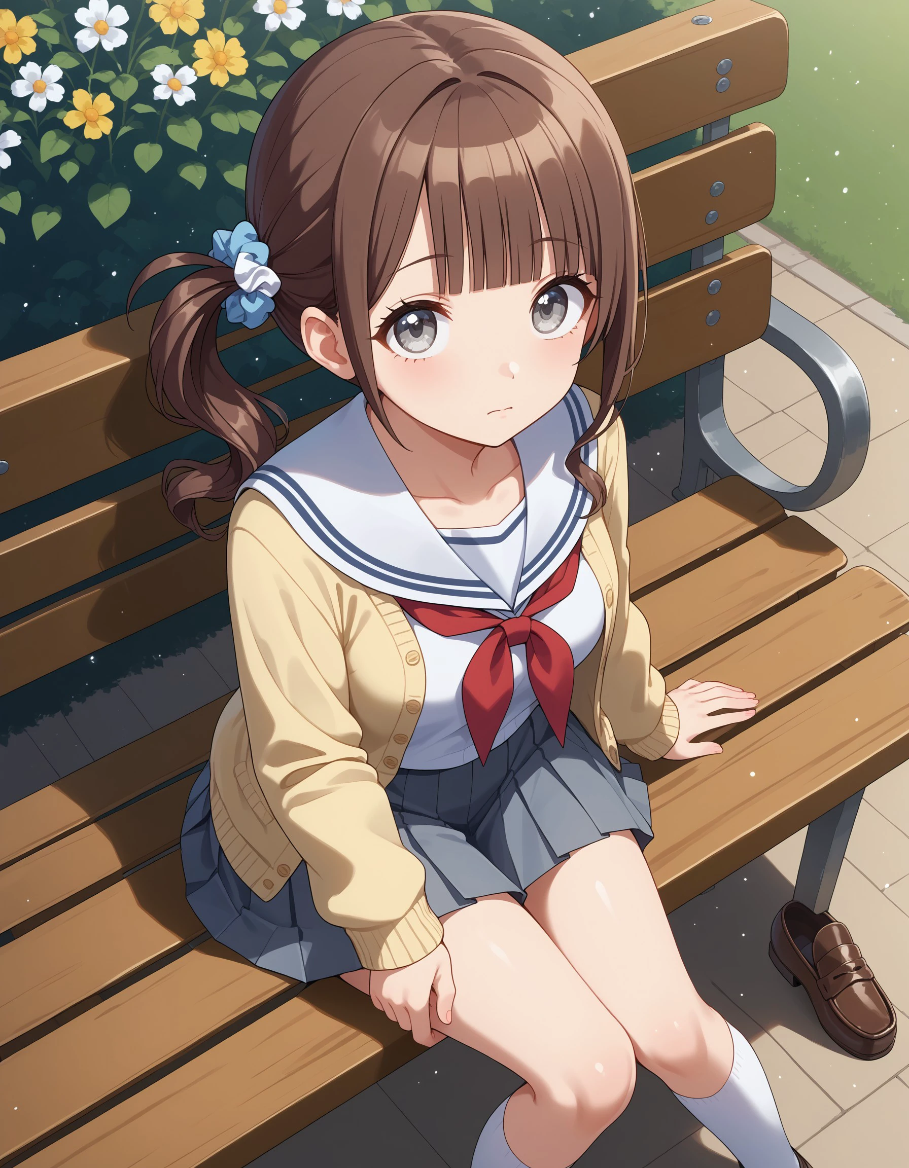 (masterpiece), best quality, expressive eyes, perfect face, red neckerchief, neckerchief, grey skirt, school uniform, loafers, cardigan, white sailor collar, grey eyes, side ponytail, socks, skirt, sailor collar, pleated skirt, dot nose, light particles, open cardigan, shoes, from above, sitting, bench, outdoors, looking up, yellow cardigan, collarbone, white socks, holding, flower, looking at viewer, blunt bangs, hair scrunchie, m_honami, <lora:a72d4d72-b4c2-42a1-b846-c5f7cb365b77:0.7>