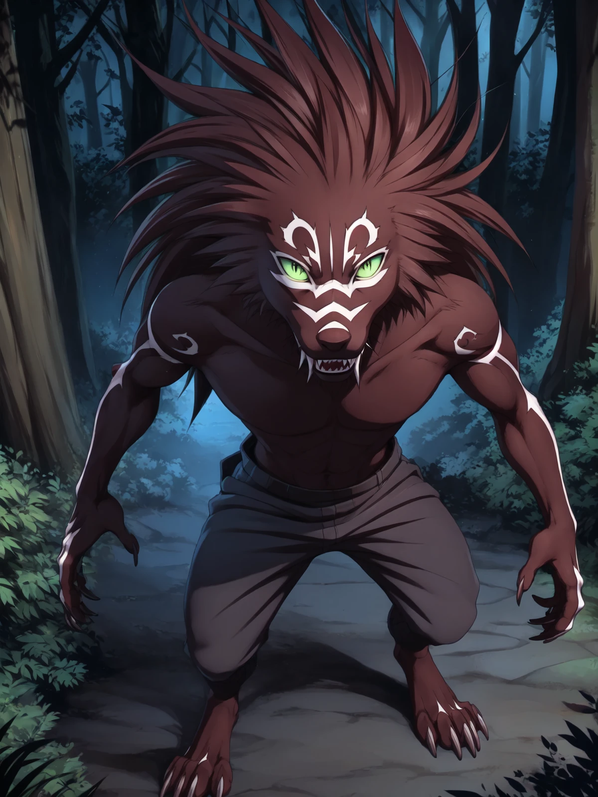 shishi0 standing in a dark forest looking up at viewer,high-angle view, shishi0, were, werecanid, canid, mammal, close-up, bottomwear, clothing, topless, foreshortening,depth of field,aloof, narrowed eyes, teeth, fangs, detailed fur, coarse fur, male, feet, plantigrade, claws, male, solo, light green sclera, black pupils, slit pupils,5 fingers, cinematic lighting, anatomically correct, symmetrical, 4k, hi res, insanely detailed, detailed background, night, dark forest, natural light,dim light,low light, by nawka, by lunalei, by santanahoffman, by hale., by by tanutanuki, digital media (artwork), by personalami, by zackary911, by feralise, by ivan-jhang, <lora:shishi0_YM:0.9>