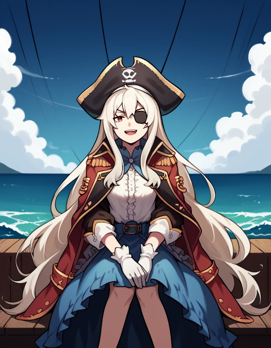 score_9, score_8_up, score_7_up, source_anime, <lora:mari-kozakura-s1-ponyxl-lora-nochekaiser:1>, mari kozakura, long hair, red eyes, very long hair, white hair, medium breasts,, <lora:pirate-costume-ponyxl-lora-nochekaiser:1>, pirate costume, pirate hat, skirt, gloves, jacket, shirt, eyepatch,, blue sky, sea, ocean, pirate ship, treasure, gold, smug, open mouth, from below, sitting,, , dutch angle, cowboy shot